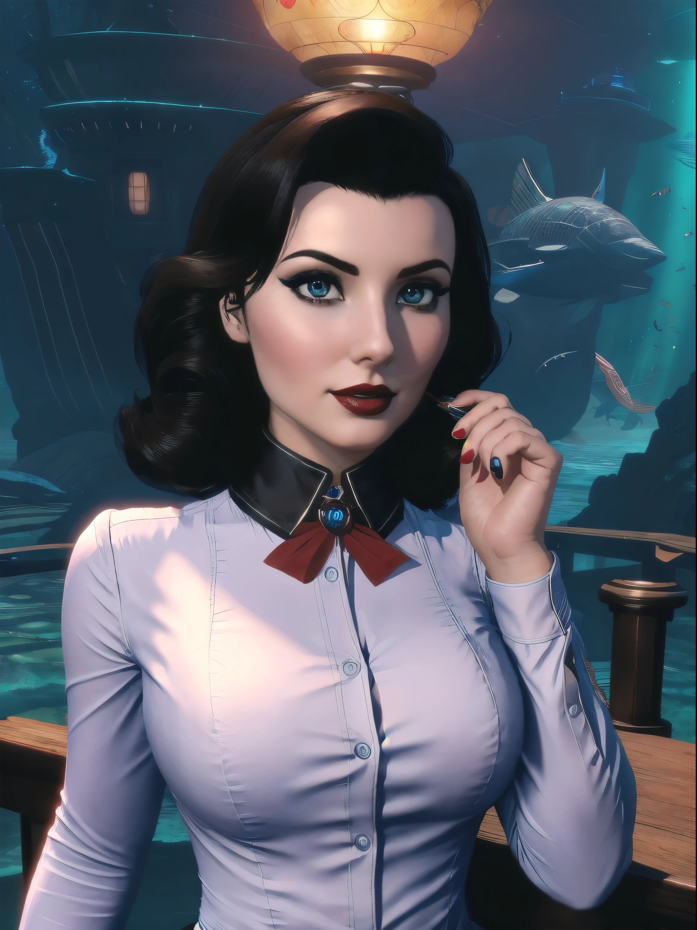 BioshockBurialElizabeth, black hair, blue eyes, red lipstick, white shirt, long sleeves, collar, red bow, black pencil skirt, looking at viewer, serious, smirk, standing, inside, aquarium, dark, high quality, masterpiece, <lora:BioshockBurialElizabeth:.7>