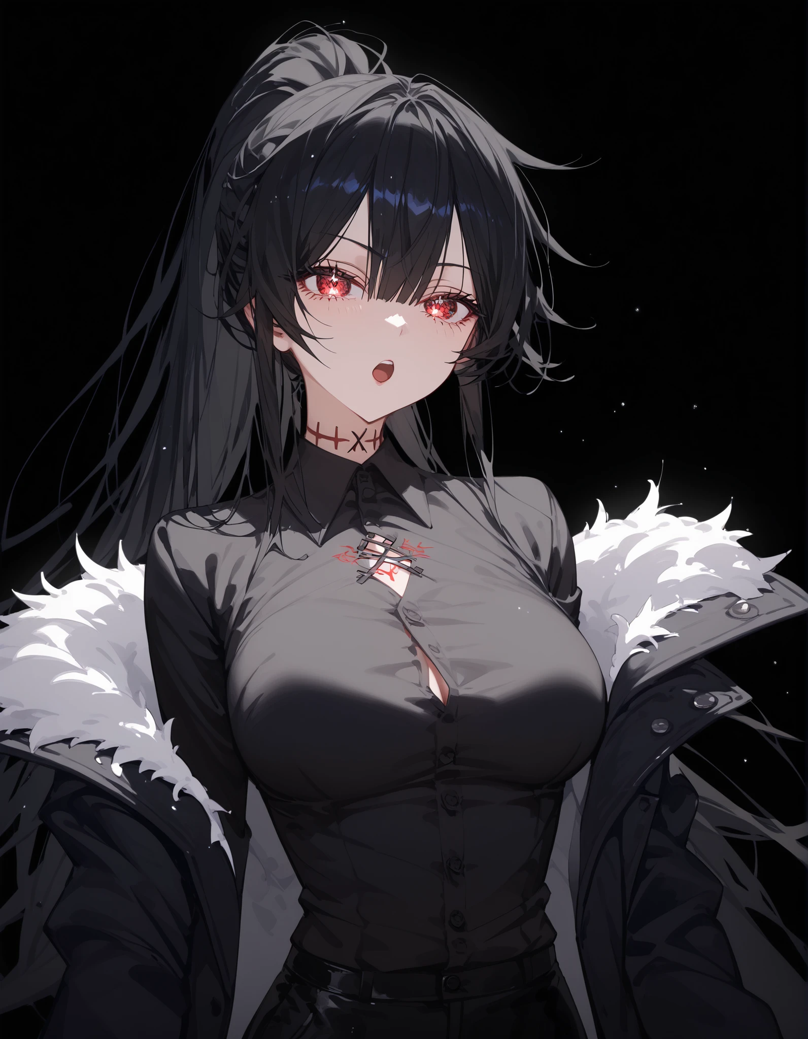 1 person,girl,ผมสีดำ, Black hair,in red eyes,black sparkly eyes,black winter dress,Black Shirt,big-breasted dress,Black Coat, Tomboy,slim,good figure,long hair, ponytail,black background,,Anime,X Body Tattooที่คอ,Pointed eyes ,Fierce face, Open your mouth,milf, black pants ,black tattoo,neck tattoo,Anime,black shirt,X Body Tattoo,Collared shirt,long-sleeved shirt, buttoned ,
