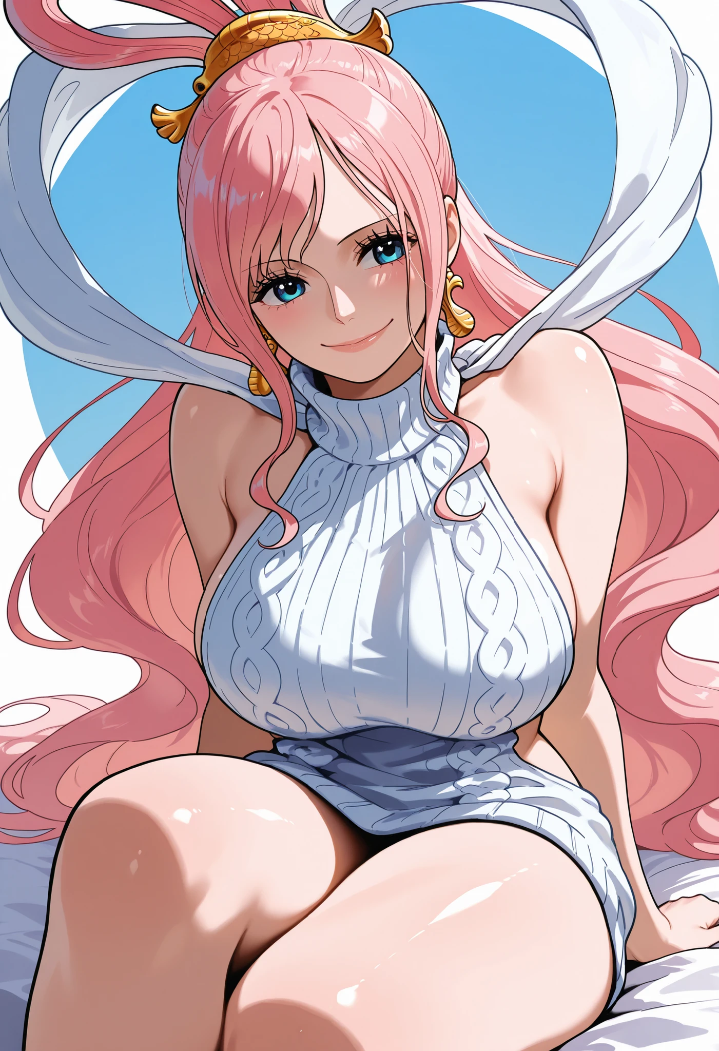 masterpiece, best quality, amazing quality, Sharp images, bright colors, beautiful light and shadows, 1girl, (Shirahoshi, one piece, blue eyes, pink hair), wearing white virgin killer sweater, very happy smile, medium up shot, simple background, medium size , golden ratio face, sexy pose, Pinkish skin tone, smooth and soft skin, shiny skin, sitting down, bottom view, side view, sexy feets, good smell effect, naked lower body