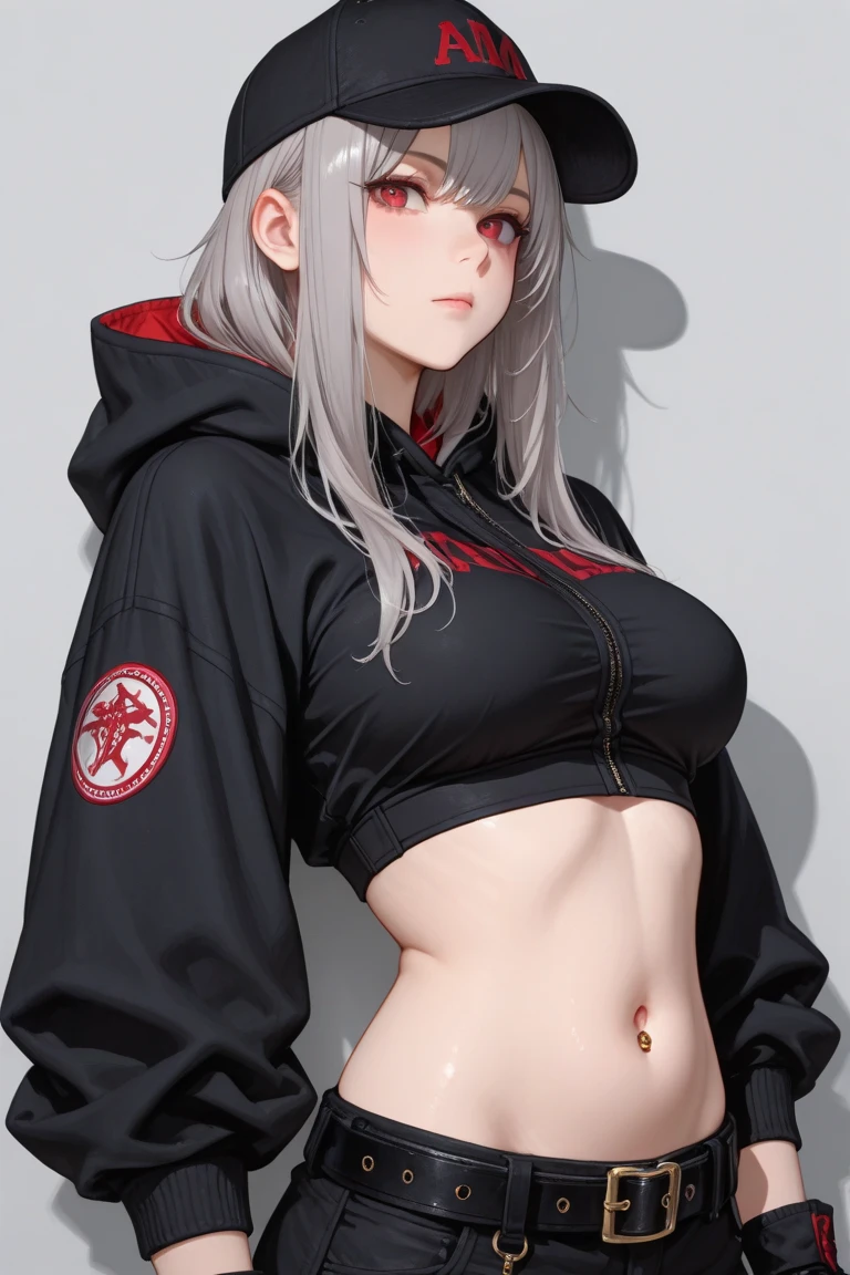 1 girl, by white, red eyes add_detail:1, belly button, looking at the viewer, hand on hip, black jacket, dolphin shorts, ingle, (white shirt:1.2), braid, very long hair, Wide hips,
under the chest, shirt,
Big\(Body proportions\),
