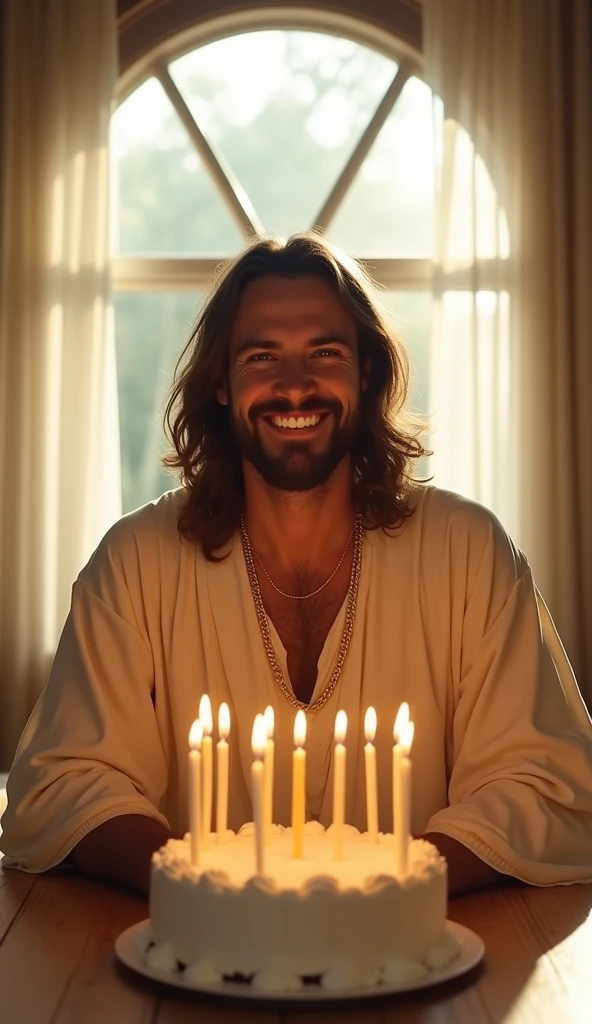 Jesus, handsome, thin beard, brown hair, wearing a white robe, wearing a red shawl on his shoulders, bright clouds background, in the sky, holding a plate of noodles, realistic, 4k, best resolution, high resolution, wearing sunglasses, smiling