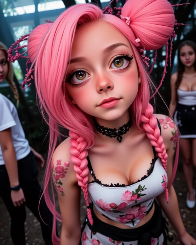 extremely detailed CG unity 8k wallpaper, best quality, ultra-detailed, masterpiece, realistic, photo realistic, blush, parted lips, looking at viewer , half body shot , (Perona One Piece), ping long hair, blushing, beautiful face, embarrassed face, standing, arms behind head, cute face, goth outfit, twintails, outdoor, sakura blossom, stripe legging, skirt, smile at viewer,