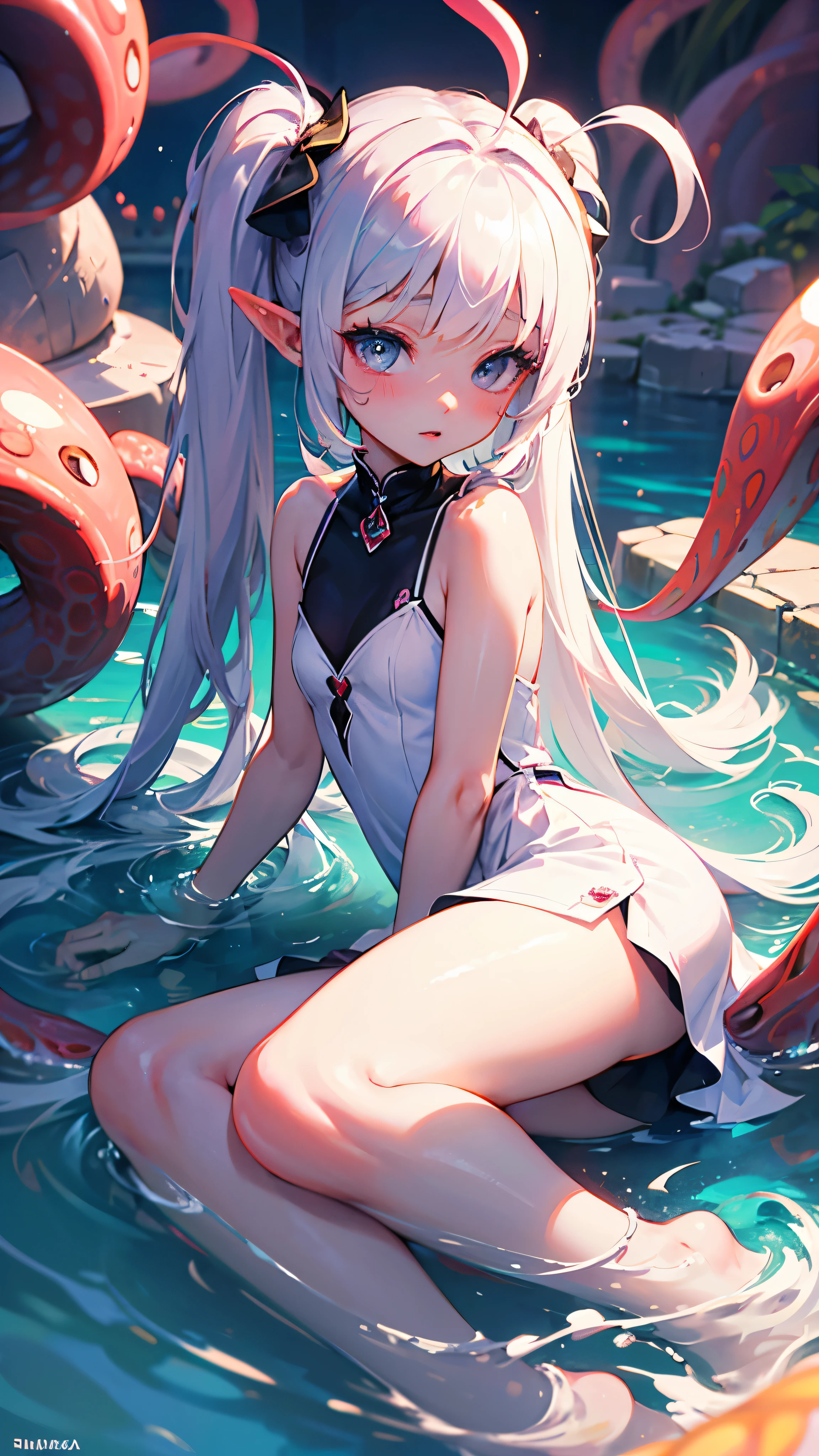 NSFW、Best Quality, top-quality、(cute petit girl：1.3),Beautiful pink eyes、flat chest、Lori、（Cuteness beyond limits）、Beautiful bare feet、((oestrus))、tied up with a collar、Panting Girl , Countless tentacles enveloped the girl., (Tentacles are wrapped around the paws, Masterpiece tentacles wrap around the waist, Tentacles are wrapped around arms),cum shots, Clenching teeth, embarrassed,blush, Saliva, Scared, tored, moaning, ,Tears and despair, agony、agony、Anatomically correct、Metamorphosis、red blush、Desperate look、お漏らし、Tentacles are touching the crotch、Tentacles grab the buttocks、１Giant Octopus、Pleasure、Sucking tentacles、(Insert the tentacles：1.3)、Insert into、legs are open