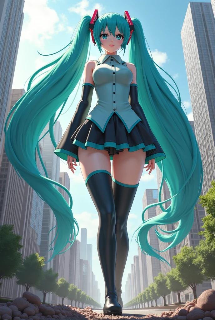 hatsunemiku, miku hatsune, ahoge, aqua eyes, aqua hair, crossed bangs, hair between eyes, hair ornament, headphones, long hair, twintails, BREAK aqua necktie, black footwear, black skirt, black sleeves, boots, collared shirt, detached sleeves, grey shirt, necktie, pleated skirt, shirt, skirt, sleeveless, sleeveless shirt, thigh boots, tie clip, BREAK looking at viewer, BREAK outdoors, city, BREAK (masterpiece:1.2), best quality, high resolution, unity 8k wallpaper, (illustration:0.8), (beautiful detailed eyes:1.6), extremely detailed face, perfect lighting, extremely detailed CG, (perfect hands, perfect anatomy),with big ass and tits spreading her ass until you can see her anus on the camera