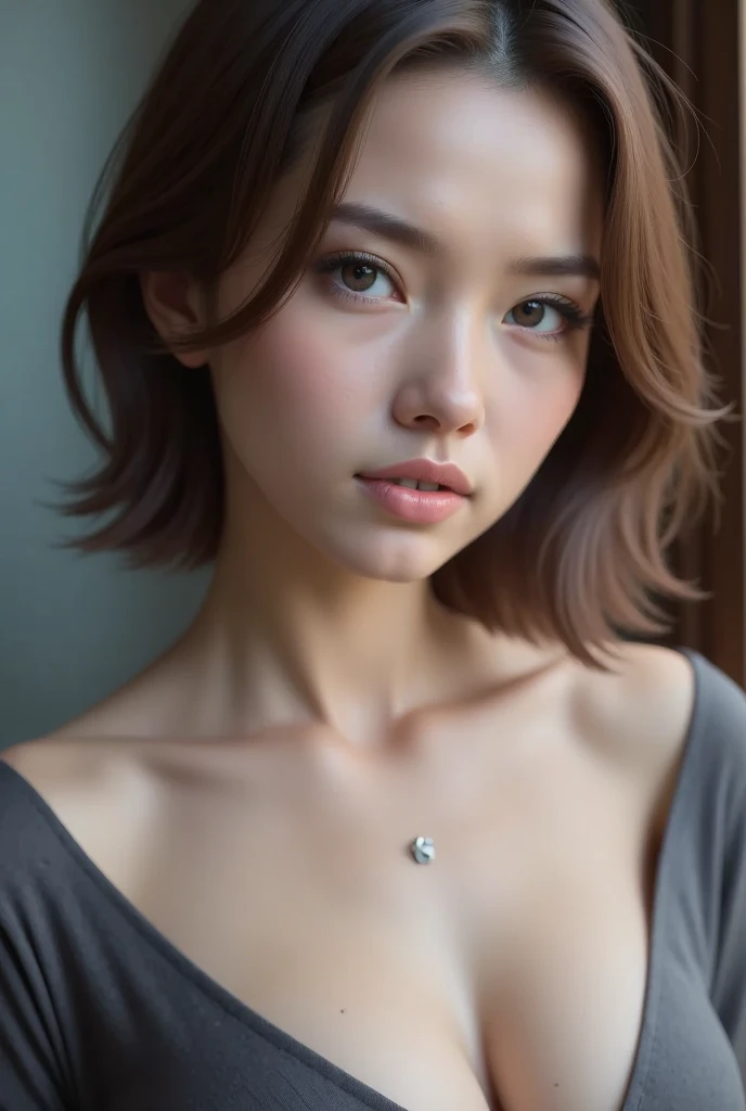 fashion model 25 years old, [[[[closeup]]]], [[[[chest]]]], [[[[neck]]]], [[[[shoulders]]]], perfect eyes, perfect iris, perfect lips, perfect teeth, perfect skin, soft front light, glow, HDR, (muted colors:1.2)