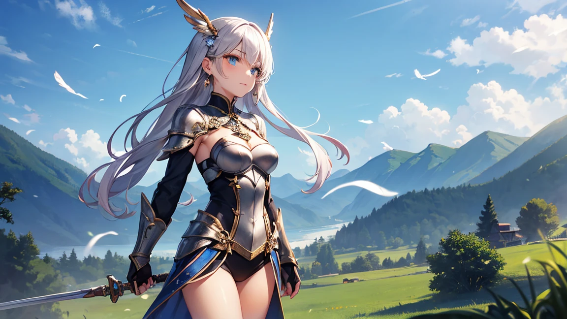 1girl,(green armour:1.3),<lora:HXarmour_007:0.9>,mountain,(Looking over the shoulder:1.3),