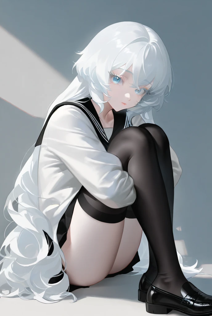 1 Girl, White Baggy Shirt, Black Short Skirt, Black Nylon Thigh High Stockings, Medium Breasts, Blue Eyes, Platinum White Hair, Twin Tail Hair Style, Pale White Skin, Smooth Skin, Face Freckles, Nice Cleavage, Slutty, Sexy, Sassy, Smirking, Tease, Teasing, Side View, Sitting on Bed, Legs Crossed, Leaned Back On Bed