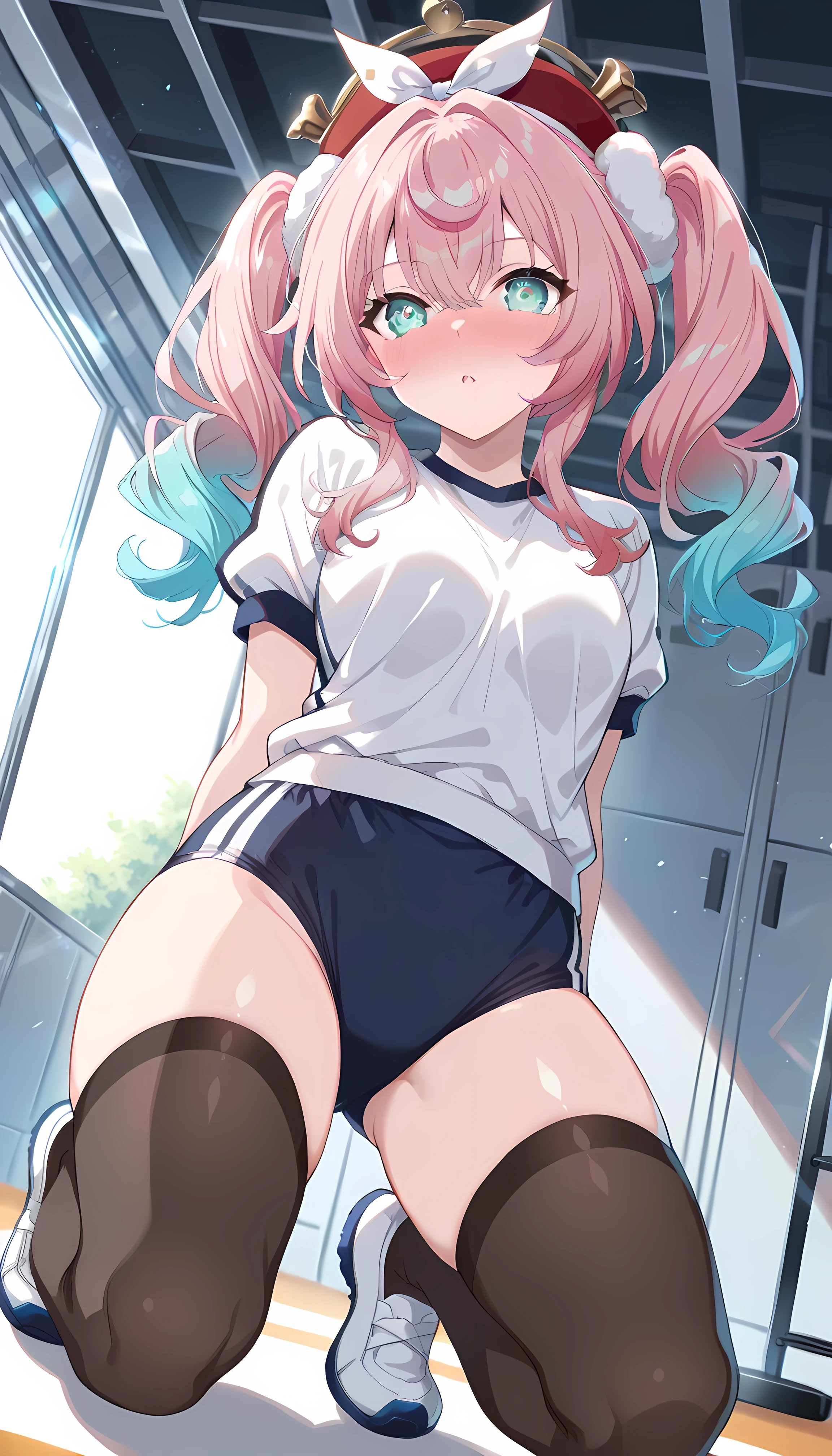 score_9, score_8_up, score_7_up, BREAK source_anime, (masterpiece), (best quality), hyacine \(honkai star rail\), 1girl, full body, full-face blush, blur your cheeks, pink hair, solo, ((white gym shirt, buruma)), black thigh-high socks, sports warehouse, twintails, multicolored hair, red headwear, gradient hair, looking at viewer, hat, long hair, bow,, hair between eyes, aqua eyes, parted lips, blue hair, sidelocks,Shiny Eyes , Beautiful Eyes, fascinating, erotic, Shiny Skin Thighs, sexy, Shining Eyes, (cute illustration:1.3), ( high chroma:1.3), detailed, dynamic lighting,, masterpiece,best quality, Great Quality, anime painting, viewers,,ray tracing,, extremely detailed background description,angle looking in from below,