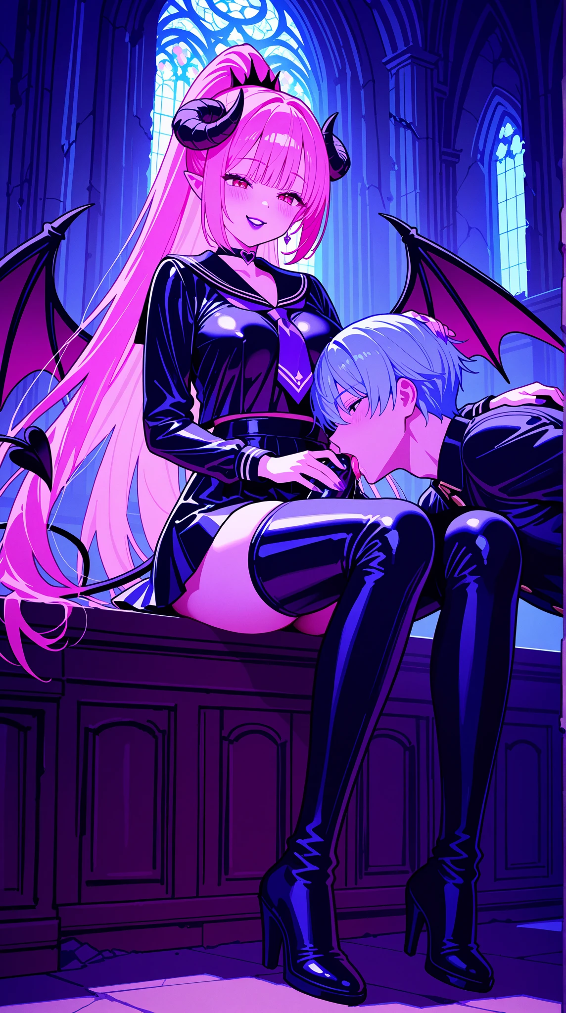 Girl with pink hair, long double-tailed hairstyle (small pink bushy eyebrows), dressed in gothic ta clothes, loli(Zankuro) drawing style by zankuro artist, Zancro style, image uploaded to R34, (in a church full of people), flirtatious smile, suddenly having sex in public, ((flirty smile, drooling)) hands on belly,( begging for sex), wearing a wedding dress