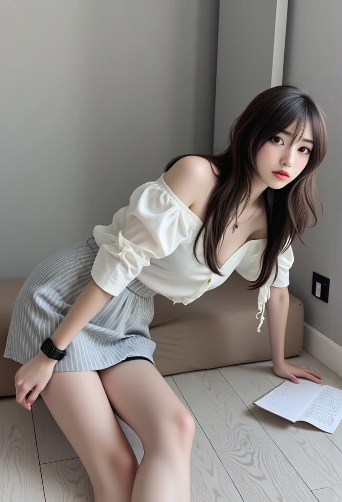 JK_lure_dress3 (best quality, masterpiece:1.2), tianfeng1, Extremely detailed, (Practical:1.37), beautiful, youth, Glamorous model, Warm colors, ((Full body view，Bend your knees naturally，Skin is firm and smooth)), ((in old fashioned room，Sitting on a low bed，lean back，Support the body with your elbows)), ((Elegant and natural gesture)), (big eyes, Exquisite eyes, Delicate lips, Exquisite eyes), Available in white and floral pattern, Show a bright smile, fit, Full breasts, ((Large Breasts)), Long legs, Create a stunning photo of a sleeping girl