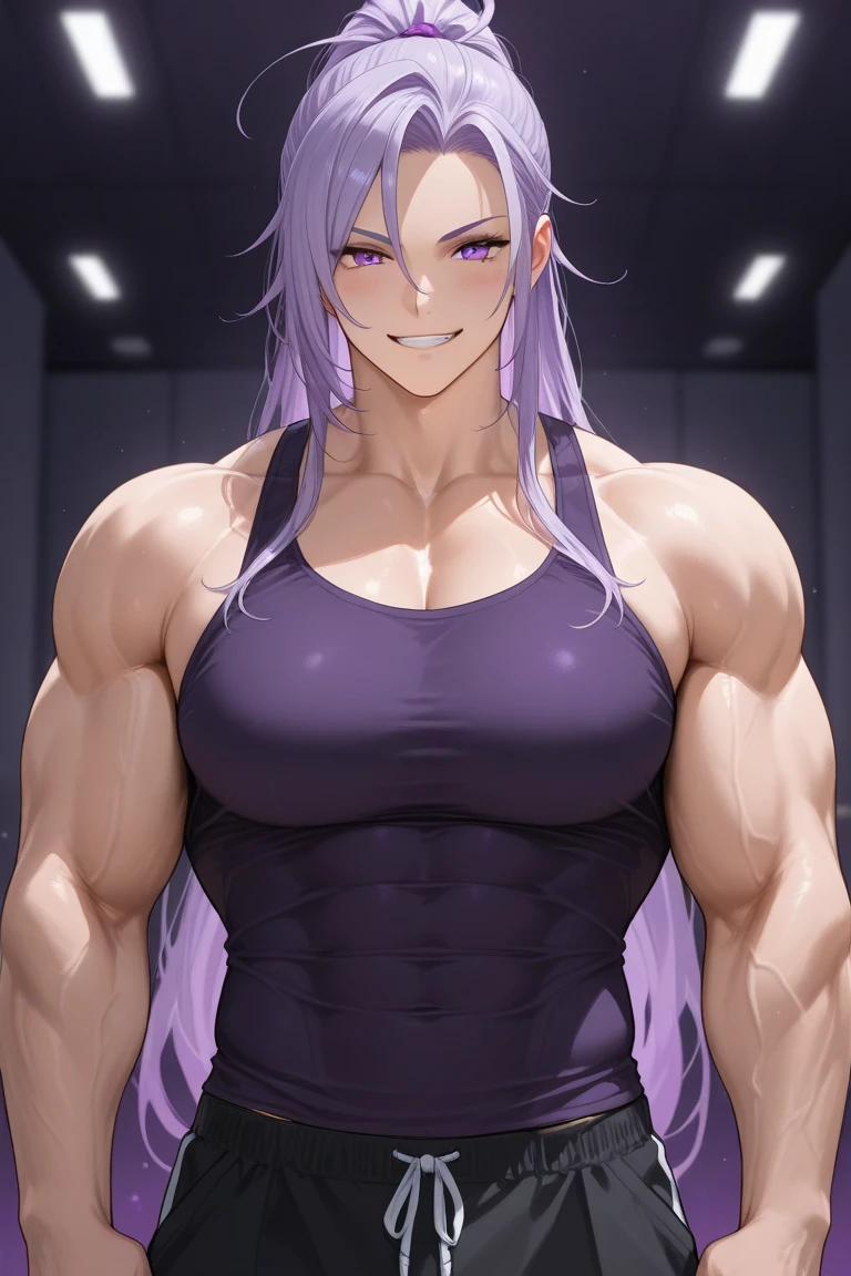 A woman wearing a white adidas shirt, sleeveless shirt, exposed abdomen, muscular abdomen, muscular arm, wearing women's black sports shorts, muscular thigh, purple eyes, serious face, silver hair, standing posture, large breasts, in a gym, background gym equipment,closve view,,(solo woman) ,UHD , prime work , accurate , anatomically correct , textured skin , super details , high quality , best quality, 8k, high resolution, bokeh effect.