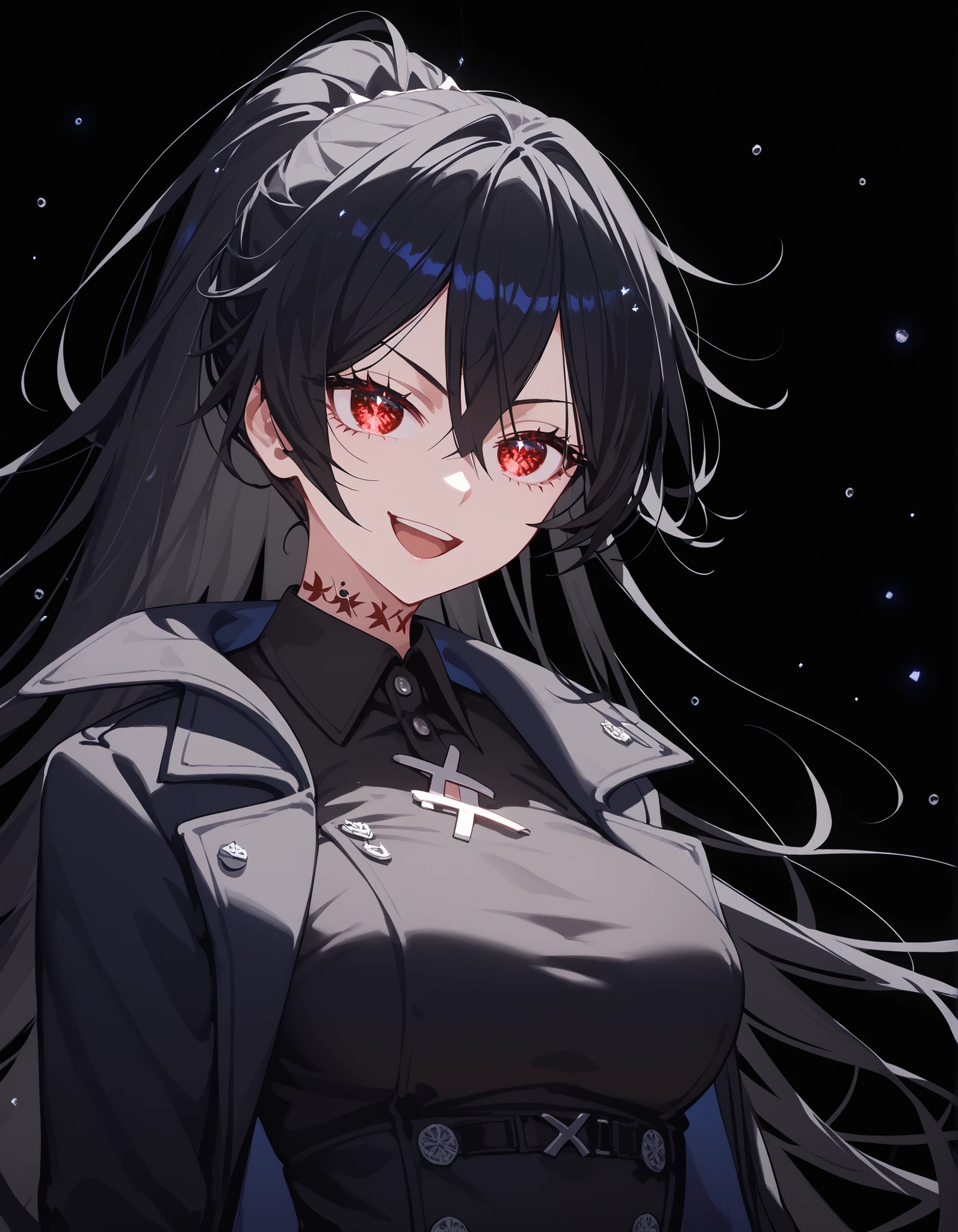 1 person,girl,ผมสีดำ, Black hair,in red eyes,black sparkly eyes,black winter dress,Black Shirt,big-breasted dress,Black Coat, Tomboy,slim,good figure,long hair, ponytail,black background,,Anime,X Body Tattooที่คอ,Pointed eyes ,Fierce face, Open your mouth,milf, black pants ,black tattoo,neck tattoo,Anime,black shirt,X Body Tattoo,Collared shirt,long-sleeved shirt, buttoned ,upper body shape,smile