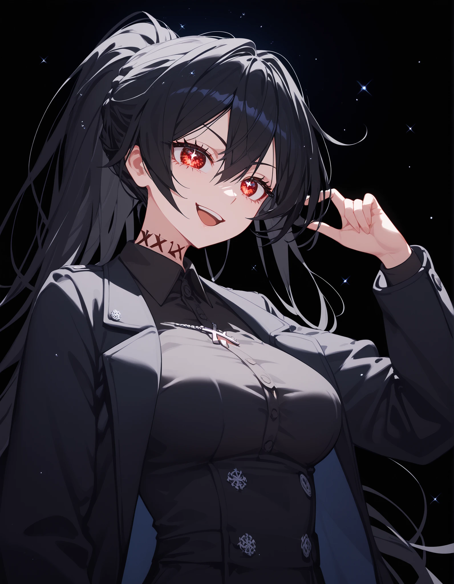 1 person,girl,ผมสีดำ, Black hair,in red eyes,black sparkly eyes,black winter dress,Black Shirt,big-breasted dress,Black Coat, Tomboy,slim,good figure,long hair, ponytail,black background,,Anime,X Body Tattooที่คอ,Pointed eyes ,Fierce face, Open your mouth,milf, black pants ,black tattoo,neck tattoo,Anime,black shirt,X Body Tattoo,Collared shirt,long-sleeved shirt, buttoned ,upper body shape,smile
