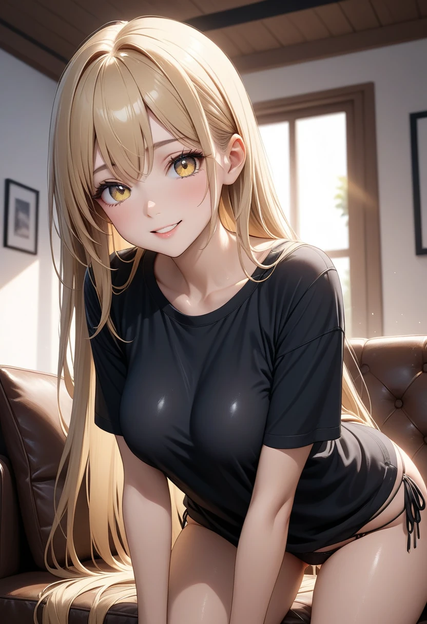 sexy woman、(Blonde Hair Woman)、straight hair woman、Long hair woman、((Beautiful busty woman:1.3))、(A woman wearing a yellow high-neck leotard:1.6)、Woman wearing a blue jacket、nice sexy body、one woman、woman wearing brown pantyhose、Woman wearing a belt around her waist、Woman with a big smile、sexy pose