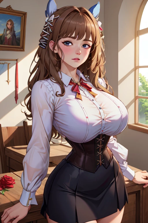 Beautiful italian woman, ((best quality)), ((masterpiece)), ( extreme detailed, highest detailed, official art, beautiful and aesthetic:1.2)  school uniform, ((((skirt)))), choker, big breast, medium body potrait, thighhighs socks, school shoes, absurdly long hair, hair between eyes, light brown hair, pink eyes, (((glasses))),