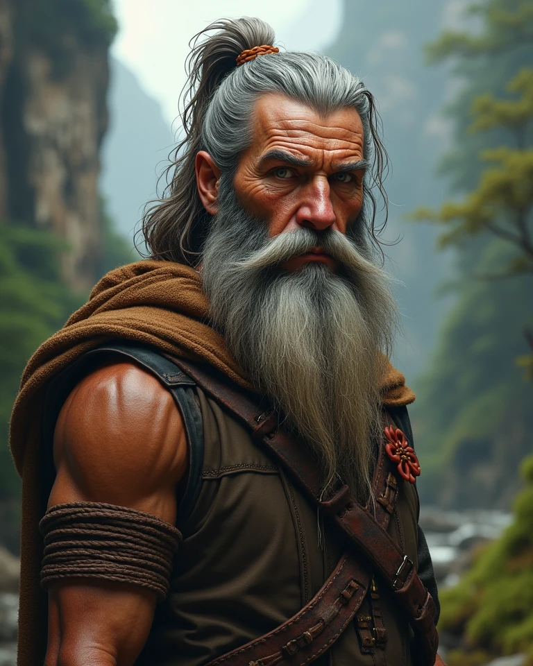Best picture quality, tmasterpiece, 超高分辨率, Meticulous background, hentail realism, illustration, A boy with,Forest scene, strong muscle, voluminetric lighting, Depth of field effect, close-up all over the body, There is a beard, Monks in shabby clothes, Martial monk image, aged 40, mature, Older,bald-headed,National character face,Strong body,Exercise,sweat leggs,Shirtless,full bodyesbian,perspire。