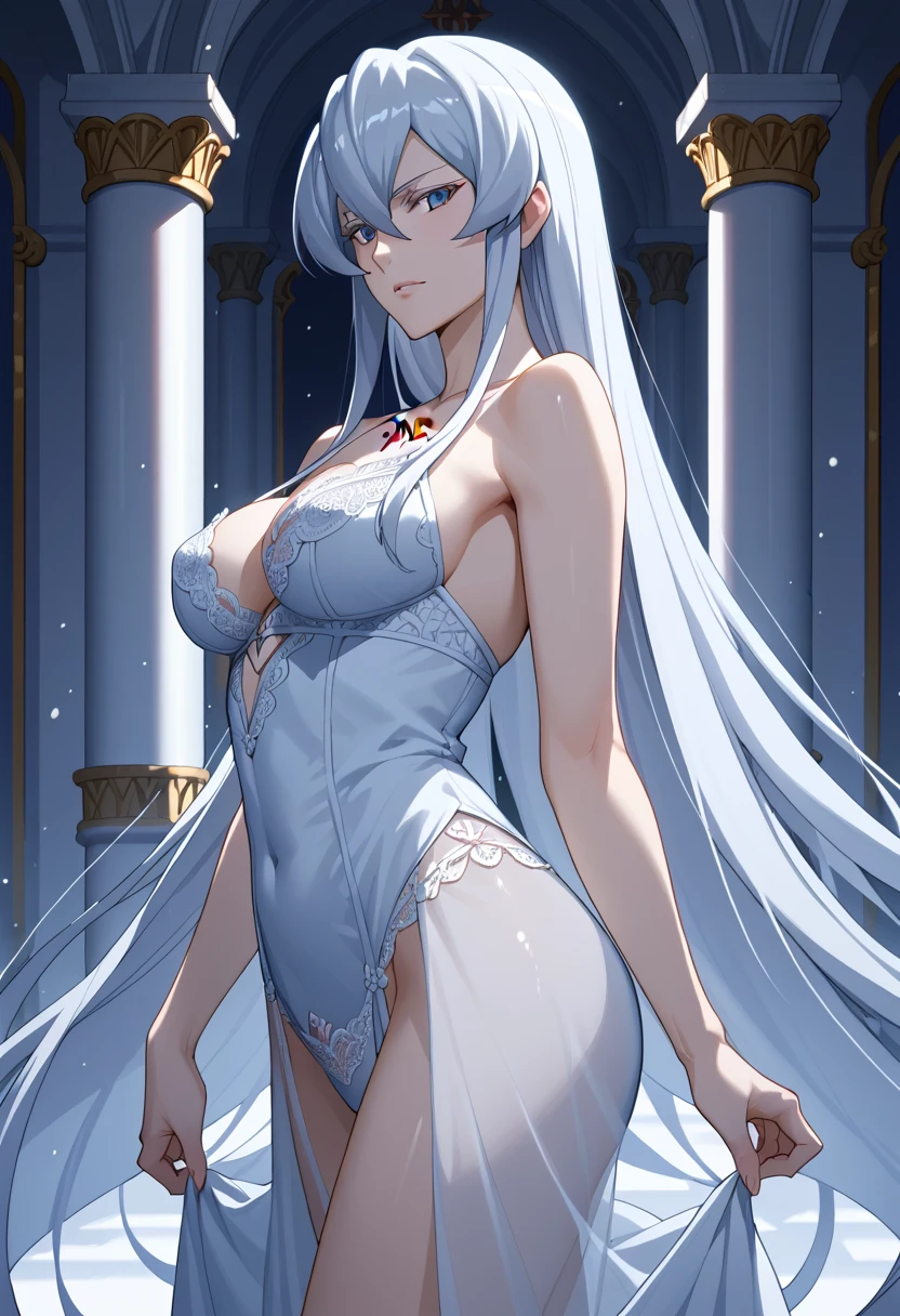 (masterpiece:1.2) (best quality) (detailed) (intricate) (8K) (HDR) (wallpaper) (cinematic lighting) (sharp focus),1girl, In-room luxury resort suite、It depicts a woman standing by a window with sunlight streaming in.。She wore a white monokini、The elegant design fits her skin beautifully.。On the chest of the monokini、It features a captivating circular cut-out.、The silver ring links shine elegantly there.。Her waistline and leg lines、High-cut bottoms accentuate the、The sight is worth seeing.。In the back of the room、The pool sparkles、In the distance you can see the blue sea。Around her、The soft silk curtains sway、The whole room is filled with a gentle light.。Her expression is calm、It conveys a relaxed atmosphere。The whole space enhances her charm.、Its presence is like that of a museum.。