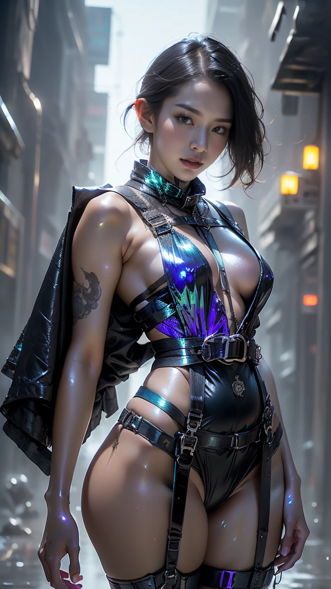 Public curly dark hair, Ponytail, beautiful female warrior, approximately 20 years of age, with a perfect body and dressed only organza transparent coat (see-through: 2.0) , The character has dark blue hair with red highlights, tied in a horse tail, and holds a short sword in her hand. I would like the drawing to be done in any graphic convention that fits the character’s nature, wet skin, (wet:2.0), shiny skin, transparent organza flowing coat, photorealistic: 2.0. Shiny skin, --auto --s2