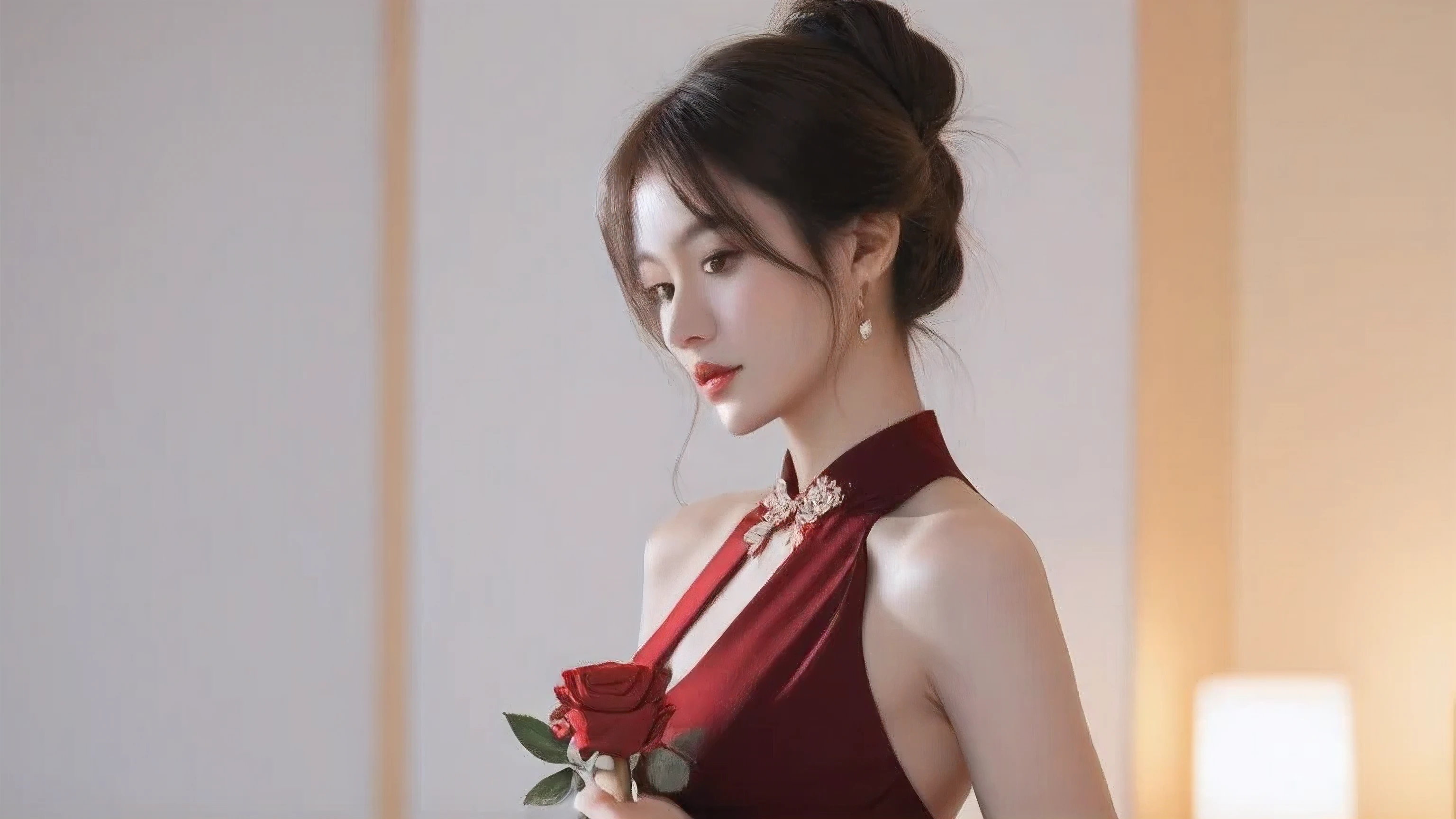 A Japanese woman in a slit dress holding a rose