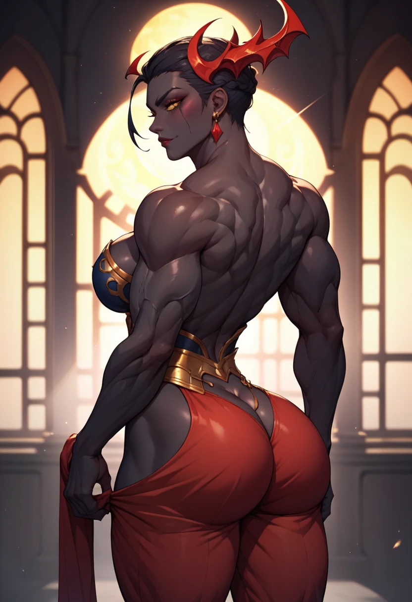 (masterpiece, best quality:1.2),1 girl, voluptuous body, full body, masterpiece, dominant pose, good anatomy, no extra limbs, big ass, thick thighs, black hair, voluminous afro, pointy ears, gold earrings, black top with red details, black skirt with red details, gold necklaces