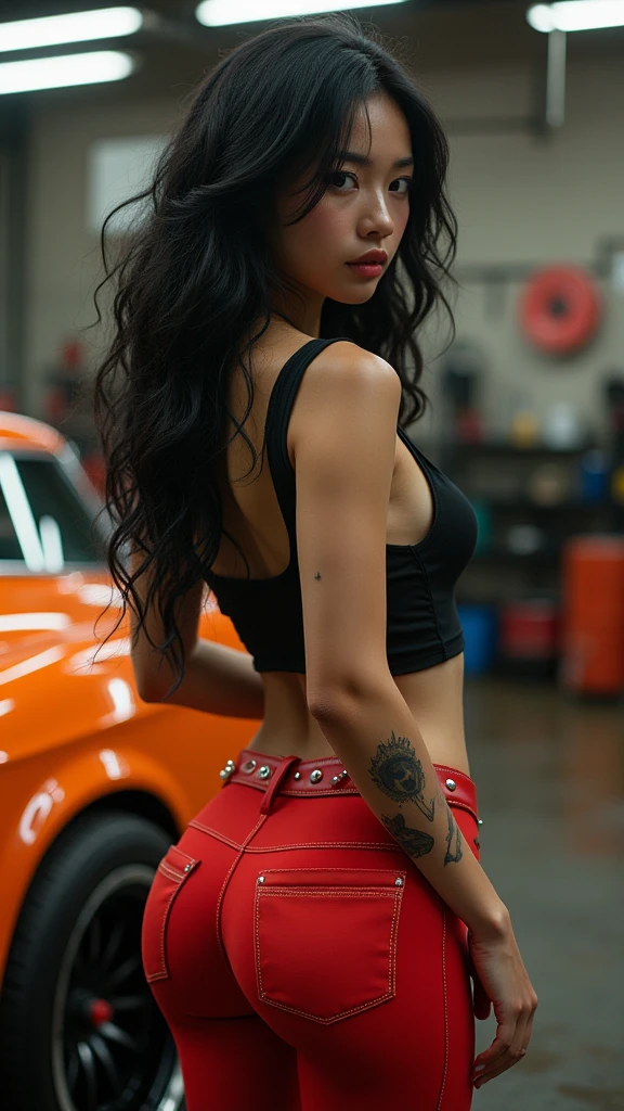 A hot college girl in her twenties working as a mechanic with piercings and tattoos on her arm