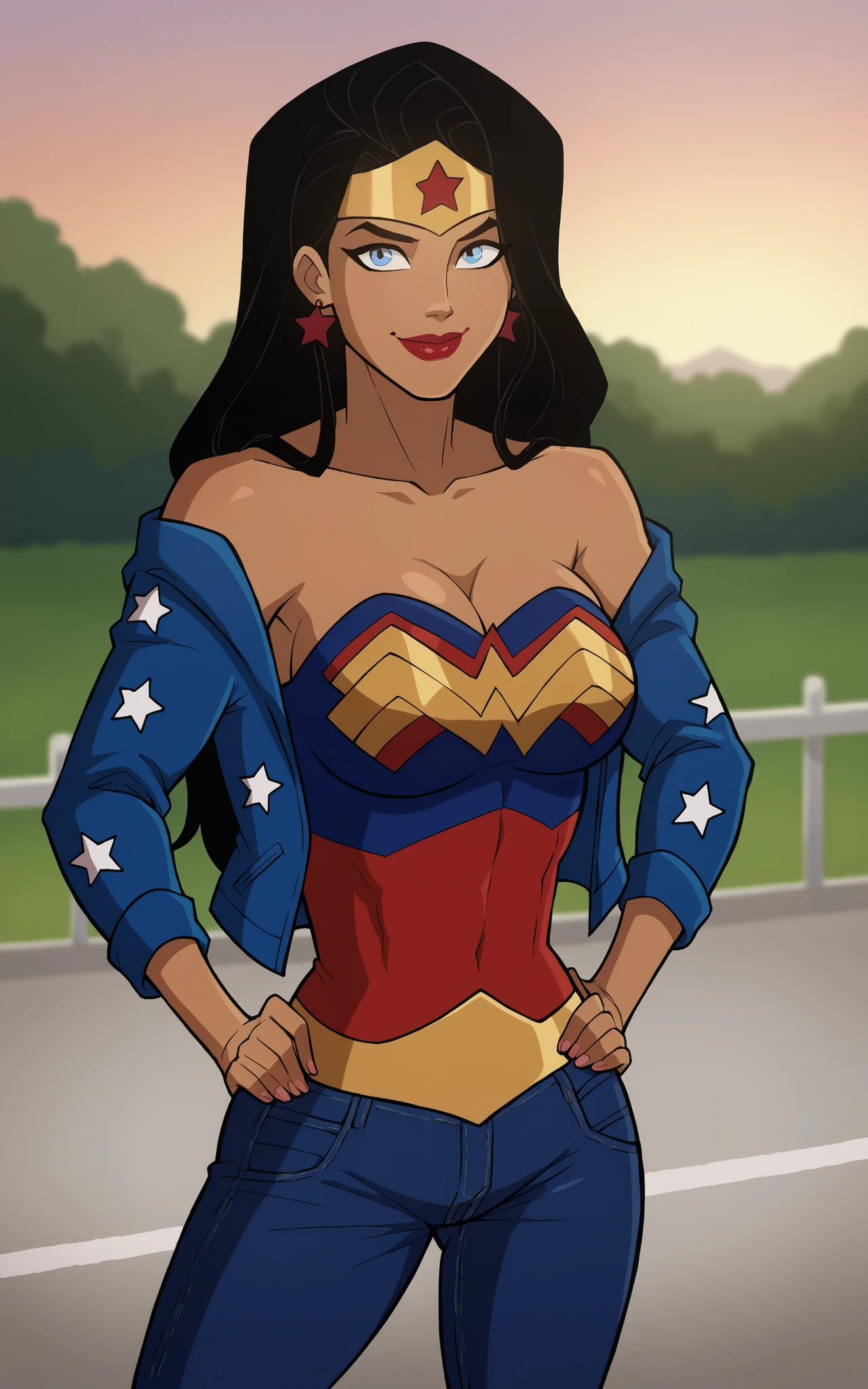 score_9,score_8_up,score_7_up BREAK wonderAP,1girl, solo, long hair, blue eyes, black hair, bare shoulders, jewelry, earrings, dark skin, blue crop top, black jeans, blue leather jacket, long sleeves, smiling, closed mouth, standing, happy expression, star print, superhero, bedroom, large breasts, cleavage, curvy, athletic, looking at viewer, dark red lipstick, hands on hips