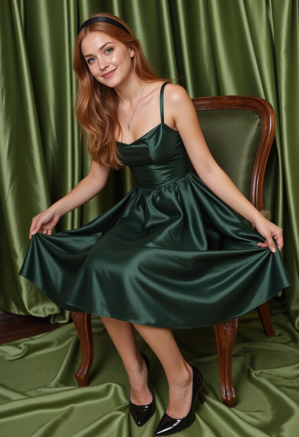 young blonde woman, blue eyes. long blondes hair. Short A-line dress with straps in shiny green satin, Tights, 项链, transparent lip gloss, narrow building, Pretty, 2, Full body photo, long legs, Satin top, Lying on the couch in the living room. Playing with the dress, Presenting legs, is enthusiastic, Beautiful shoes