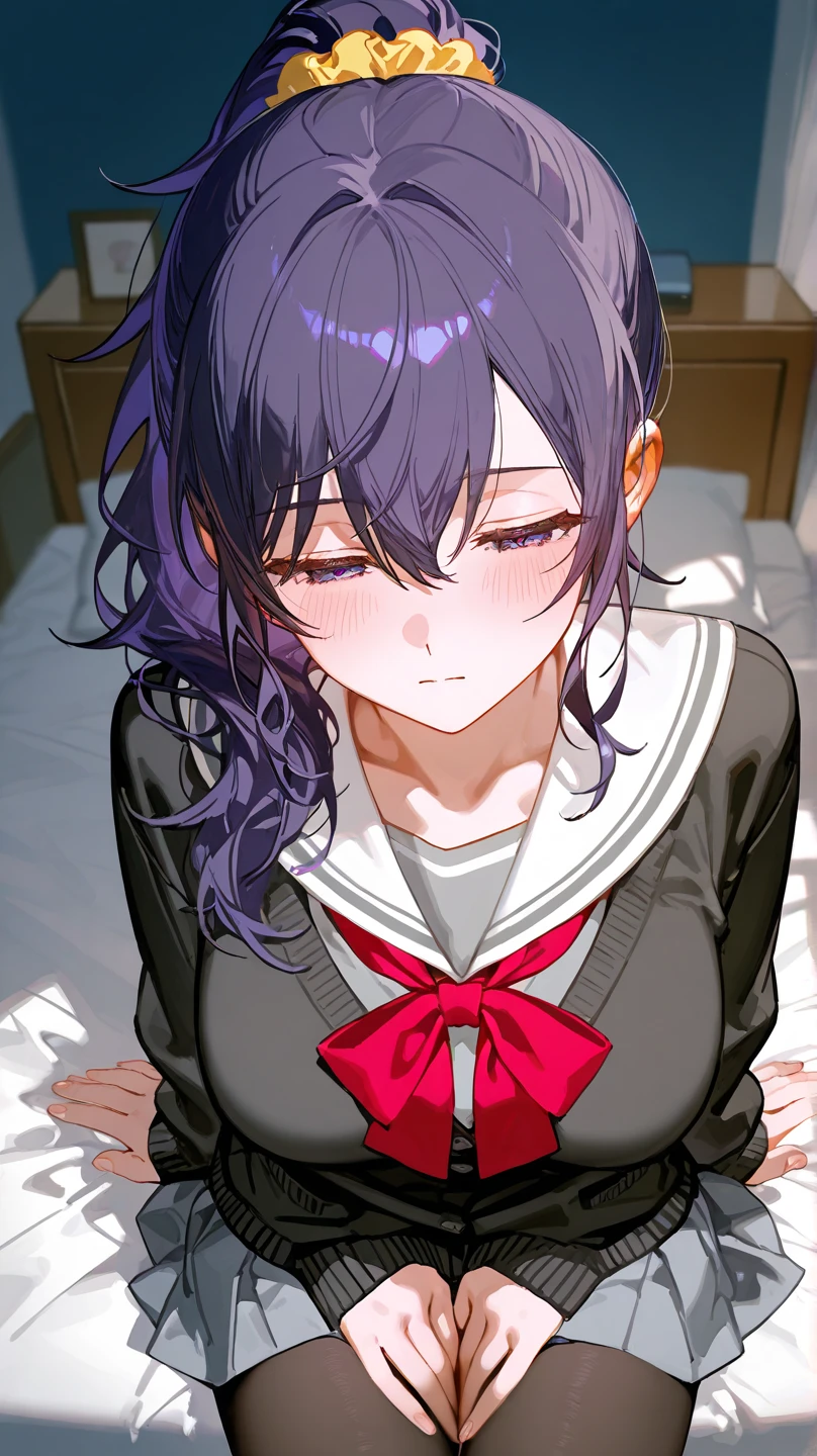One girl with long hair, big buns, dark purple hair, looking at viewer, embarrassed, blushing, tears, indoor , oversized shirts, sailor collar , perfect waist, bed, sit on, spread legs, day atmosphere, kneeling pose