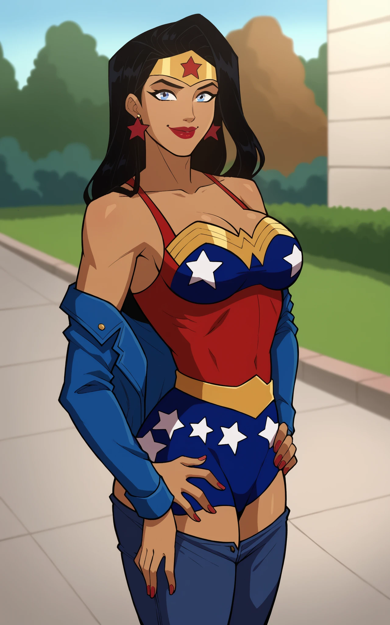 score_9,score_8_up,score_7_up BREAK wonderAP,1girl, solo, long hair, blue eyes, black hair, bare shoulders, jewelry, earrings, dark skin, blue crop top, black jeans, blue leather jacket, long sleeves, smiling, closed mouth, standing, happy expression, star print, superhero, bedroom, large breasts, cleavage, curvy, athletic, looking at viewer, dark red lipstick, hands on hips