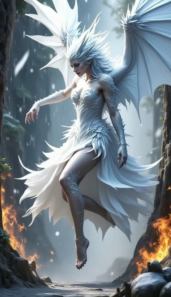 present in the center of the shot of the scene only a single creature Humanoid Vampire has wings of medium symmetrical size its reddish skin (her eyes are beautiful, her white vampire teeth are horrifying;)She goes in search of a victim, In a dark environment with its perfect anatomy is a sensual feminine and mysterious being, The scene is impactful, the effects to capture this moment are memorable, the scene is very real, ultra realistic;, apply contrast filtering effects lighting create with Ultra realistic textures in 5k