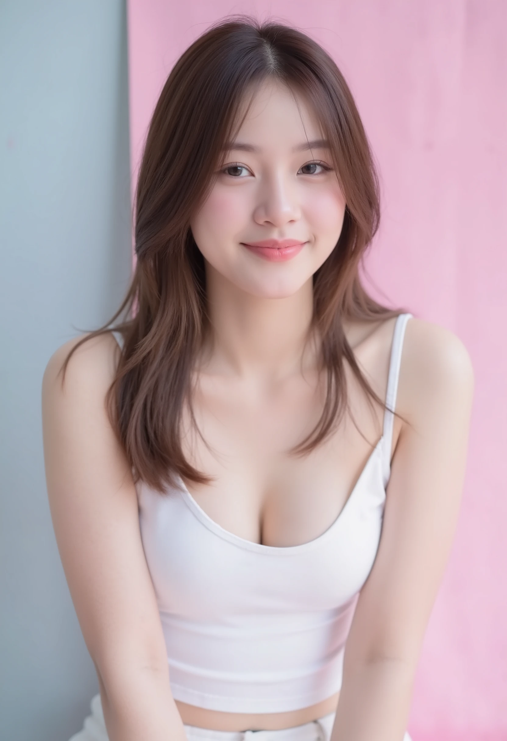 portrait a girl, wear white cleavage tank top, studio, cute pastel backdrop