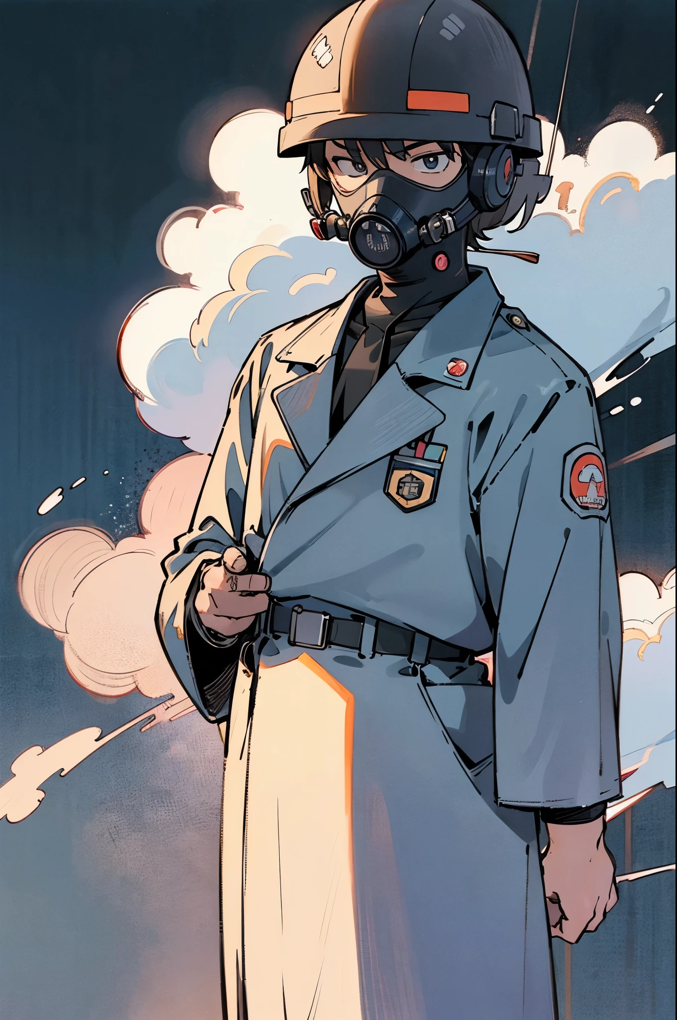 by Ken Sugimori, sugimori 1990s, ((only 1man)), adult. navy tactical military wetsuit, white labcoat, helmet, ((full-face gas mask)), serious, glaring, ((hands behind their back)), full black pupils, manga, best quality, highly detailed, clean lines, cowboy shot, good hands, good eyes, hd, 8k, professional, symmetrical, hires, 8k,