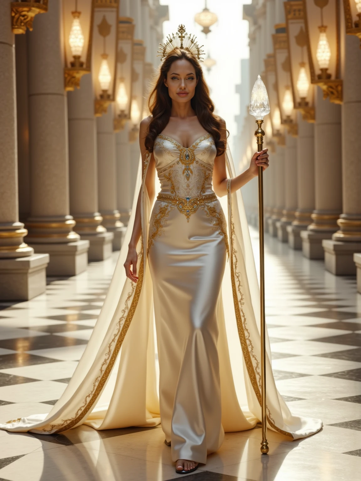 (masterpiece, best quality:1.5), highest quality, High resolution, super detailed, Realists, Upper body photo of a sorceress, dark skin detailed and beautiful eyes, beautiful detailed lips, very detailed eyes and face, longeyelashes, shiny satin dress, Holds a wand in his hand and performs a transformation spell( Magic wand lights up) Beautiful and colorful makeup, elegant and noble々The jewelry bag, Gardens as background, soft daylight, bright colors, fine brushstrokes, Portrait style, Silk dress fabric, beautiful color palette, glowing skin, First-class rendering, that captures every detail, enchanting atmosphere, subtle shadows and lights, (perfect anatomy:1.2), (The stunning sorceress transforms a dress) (eine Transformation):1.4), (magnificent panorama view:1.2)