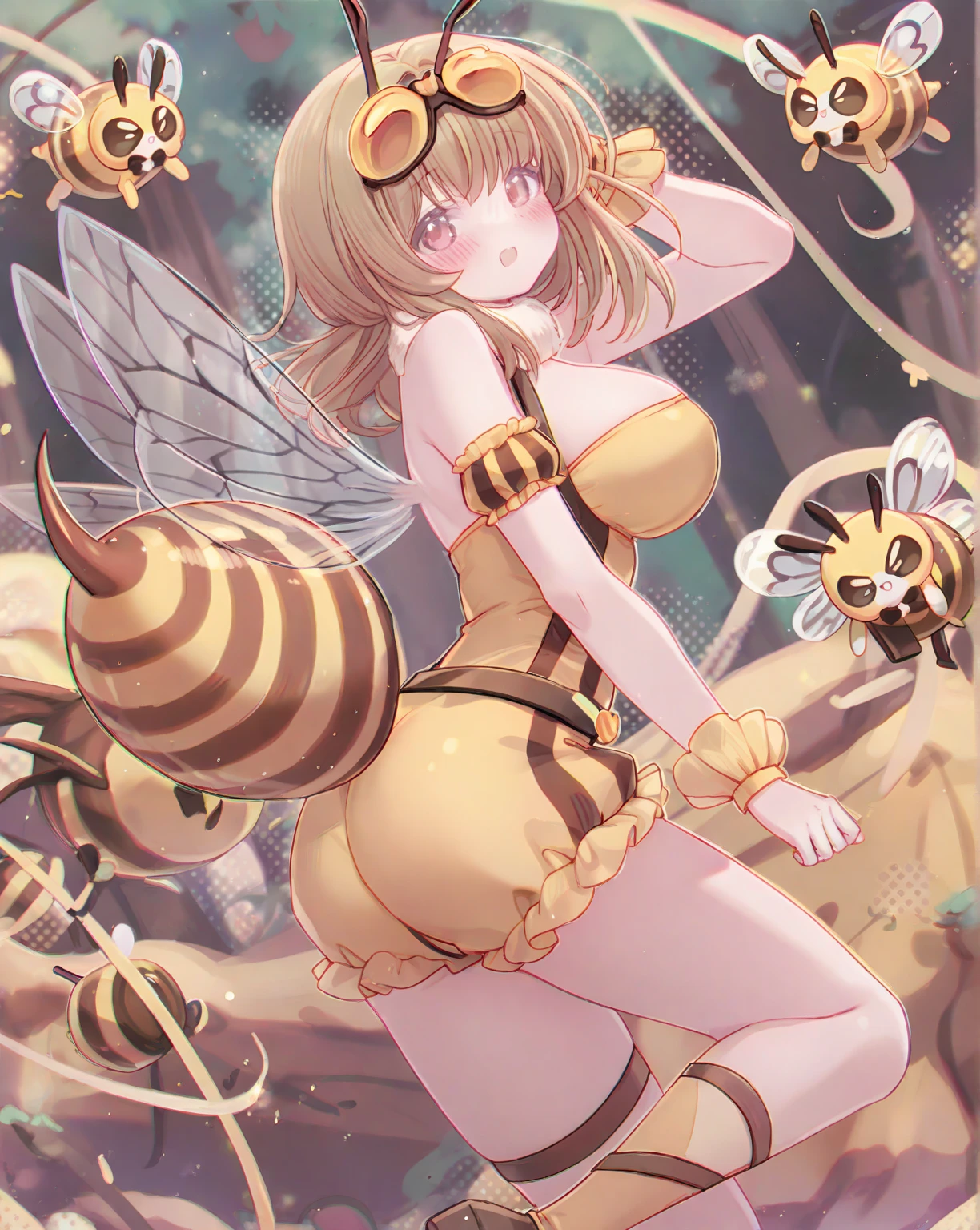nsfw, pixiv, evil smile, sadistic, erotic lips, seductive eyes, drooping eyes, provocative expression, smirks, squint, enraptured, fascinated, scornful laughter, aroused, lovely, naughty face, half closed eyes, fearless smile, crazy smile,toned female, glamorous perfect female proportion, wide hips, extremely shiny, reflecting light, awesome metallic surface texture, cute, akiba, anime face, moe, yellow and black striped hair, wasp ornament, Yellow and black striped boots, wasp transparent wings, bee Transparent wings, wasp antennae, wasp printed, Honeycomb printed, poison needle, yellow and black striped fur, wasp eye helmet, spike choker, earrings,, best quality, amazing quality, very aesthetic, absurdres