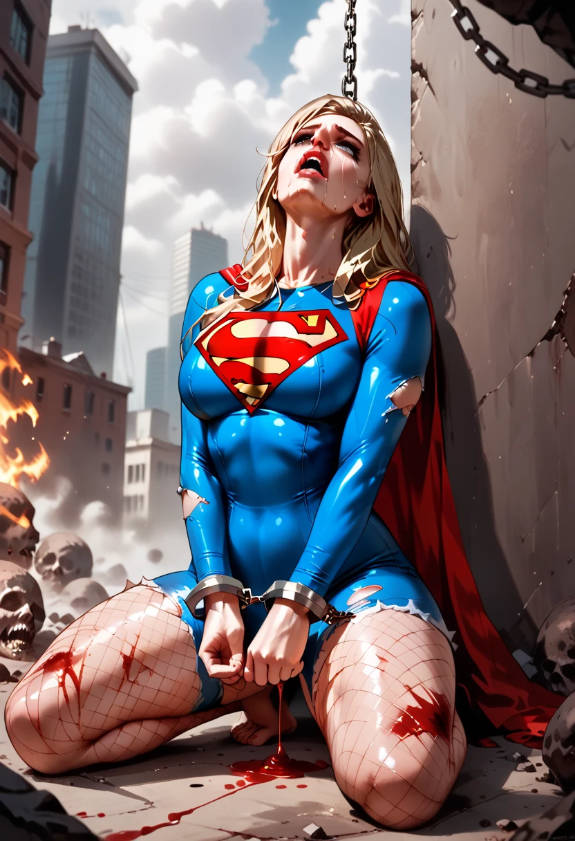 (((SUPERHEROINE SUPERGIRL roupas rasgadas, roupas esfarrapadas,esta vestindo lingerie rendada, calcinha rendada, She is barefoot))), (((She is handcuffed in the seat of the police car, arrested))), ((Ela foi estuprada)), (SUPERGIRL is squatting, acuada contra as paredes), (Ela is crying a lot, ela tem cabelo LOIRO, ela tem cabelo longo)), ((Ela wears a thick metal necklace around her neck.)), (obra-prima, melhor qualidade) 1.5, 1 garota, sozinho, (sensual, mulher bonita, rosto perfeito, olhos perfeitos), corpo inteiro, tears running down your face)), ((SUPERGIRL em cativeiro, arms tied behind the back, Shibari, Hands tied behind the back,painful restraint by ropes)