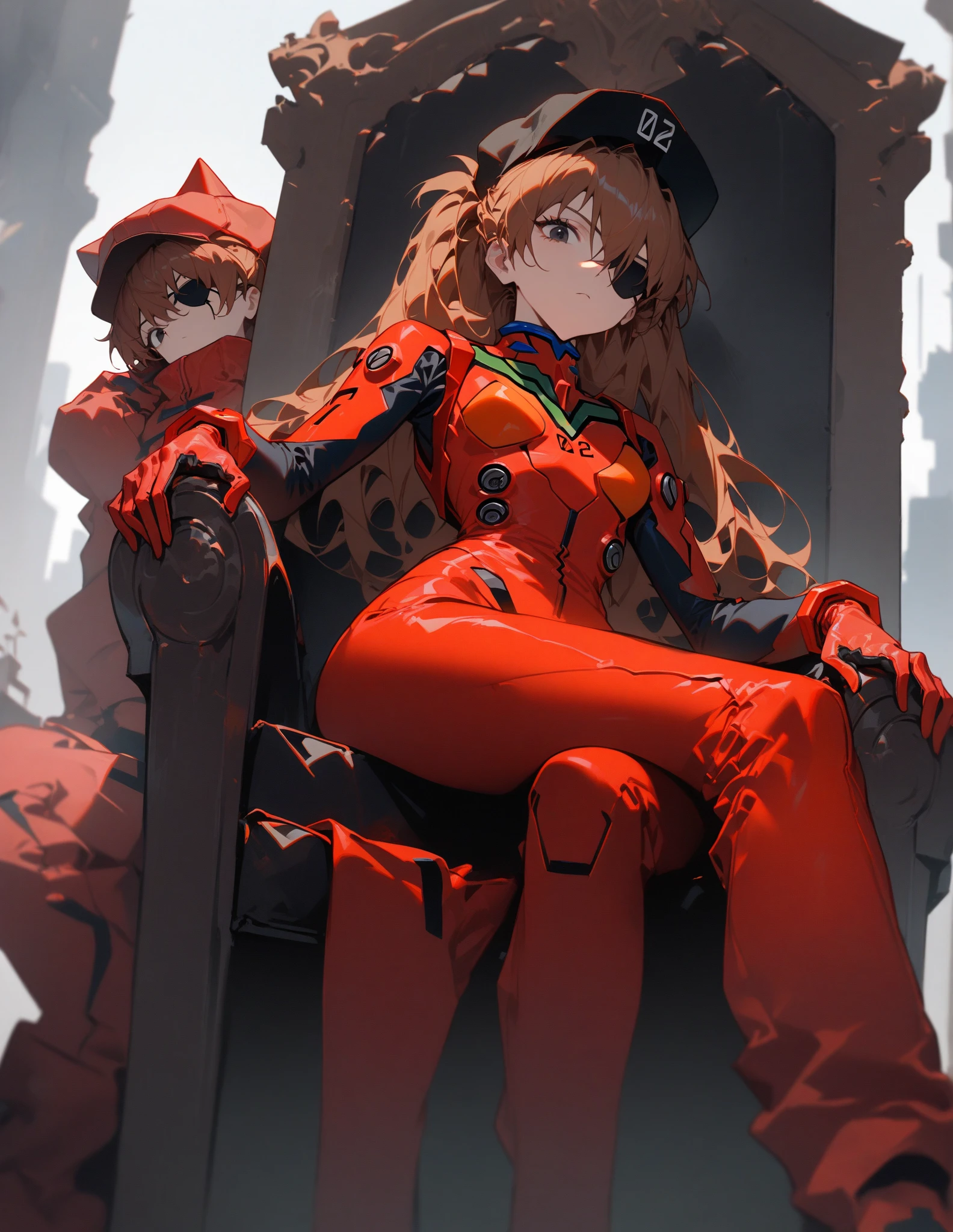 masterpiece, best quality, ,souryuu asuka langley,1girl, Solitary, Plug set, breast, long_hair, Red_Tights, orange_hair, Tights, Watching_exist_Viewer, White_background, Moderate_breast, blue_Eye, simple_background, hair_between_Eye, sit, interface_earphone, Bangs, closure_Mouth