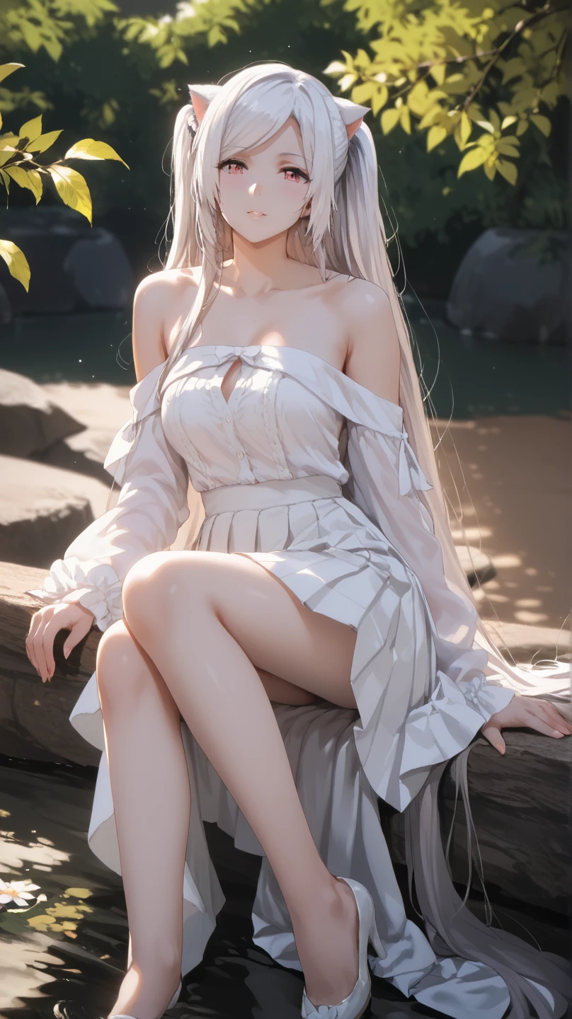 a Caucasian woman, white hair, white eye, 30 years old, wearing a white short dress, squatting as if making a tutorial about defecating, in a small river with very clear water you can see there are fish and ducks. background of village road, farmer and bicycle, urine, view from below. Ultra detailed, super detailed