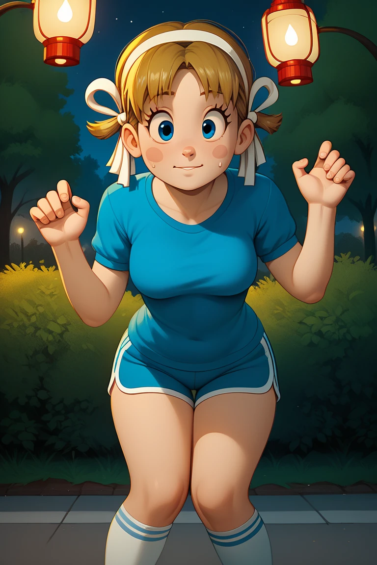 (masterpiece, best quality:1.4), (standing:1.5), 1girl, solo, sfa chun, blue vest, unitard, blue pants, skintight, yellow ribbon, short hair, sneakers, bare shoulders, (european youth woman:1), looking at viewer, beautifull smile, beautiful face, highly detailed face, highly detailed eyes, subsurface scattering, realistic pupils, full face blush, full lips, detailed background, depth of field, volumetric lighting, sharp focus, absurdres, realistic proportions, (realistic, hyperrealistic:1.4), 16k hdr, from behind, thicc booty, leaning forward, bent over, hands touching floor, touching ground, stretching, sport, lewd