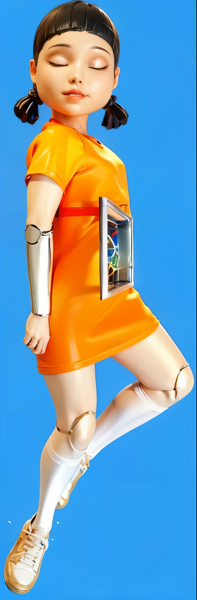 A Female robot is sleeping in bedroom, spread legs, nude, banzai pose. she wears no dress. She Brown short hair is tied with two big red clothespins, She lifts up the under hem of her white plain dress, leaning over, masterpiece, very short pigtails,brown hair, mature, android, blue eyes, full body figure, Height: 160cm, flushed cheeks, 2020s anime picture, A beautiful robot with short brown hair in two short pigtails held up by two very large huge red clothespins, Uplifting, No NSFW, whole body, barefoot, archaic smile, getting orgasm, 25 years old, sweat bucket.