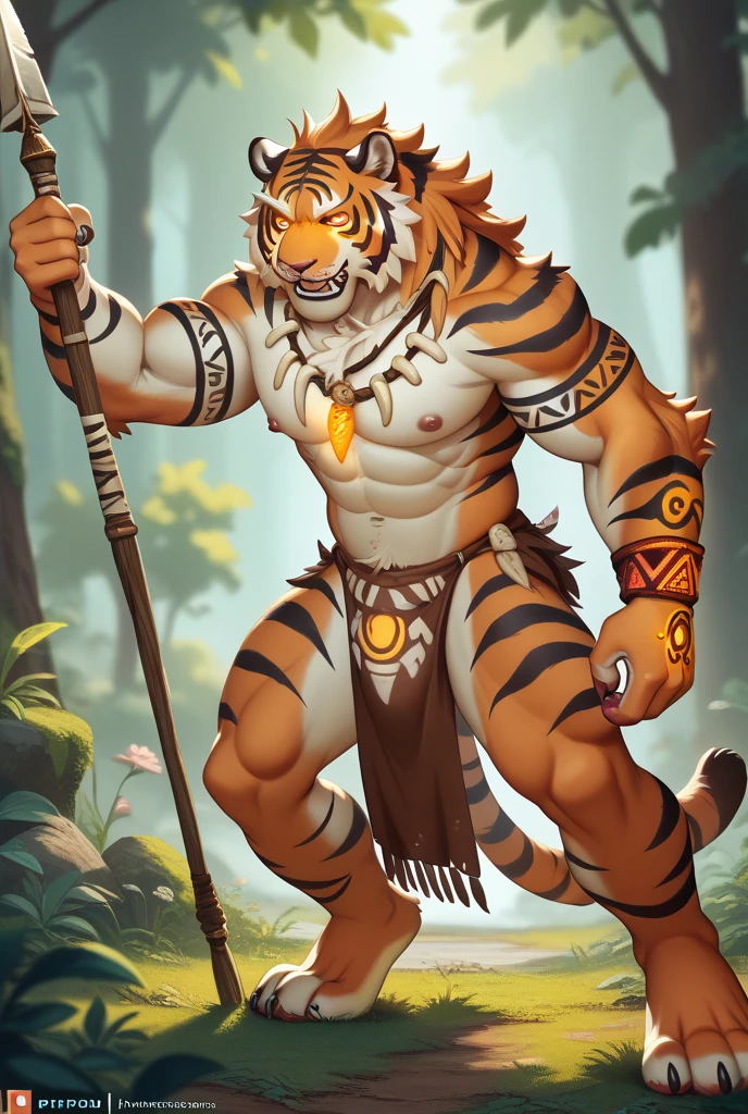 ((best quality)), ((masterpiece)), (ultra detailed), perfect face,(sharp eyes),sharp focus, (by null-ghost,by traver009,by lindong,by pino daeni),  (male anthro black panther):1.9, ((black fur)), ((black belly)), sharp eye,ultra-detailed eyes, Beautiful and delicate eyes, ((golden):0.1 eyes), ((fluffy fur, fluffy, furry body)),((long white loincloth), with yellow pattern):0.8, muscular male , (wearing random pattern necklace), smile, (huge bulge), reflection, sexy body, middle-age, strong, looking at view, (((sfw:1.5))), big fellow, (huge body, abs, strong muscle, 8 pack), shirtless, tougue out, claw, pink nipples, handsome,  ((leopard fur pattern)), majestic, barbarous, Delicate canine teeth, anime, hairy, male, by the waterfall , full body view