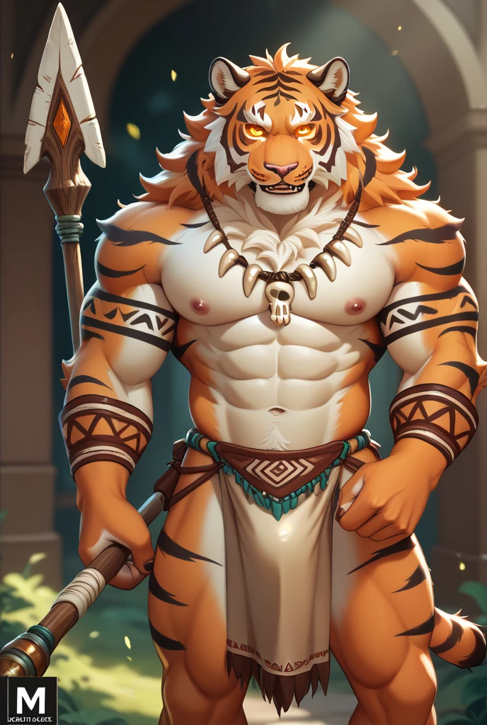 Furry art, white and light yellow tiger, full body, male, fancy clothing, hand paws, tail, blue poncho, shirt, belly exposed, pants, ornaments, innocent look, looking at the viewer, smile, smiling, comic art style, detailed fur, hairy body, 8K, dynamic lighting, beautiful, green background.
