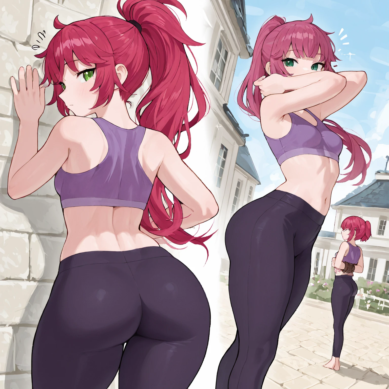 Anime woman, skimpy clothes, barefoot, feet visible, slightly muscular, front and back, big ass, small waist