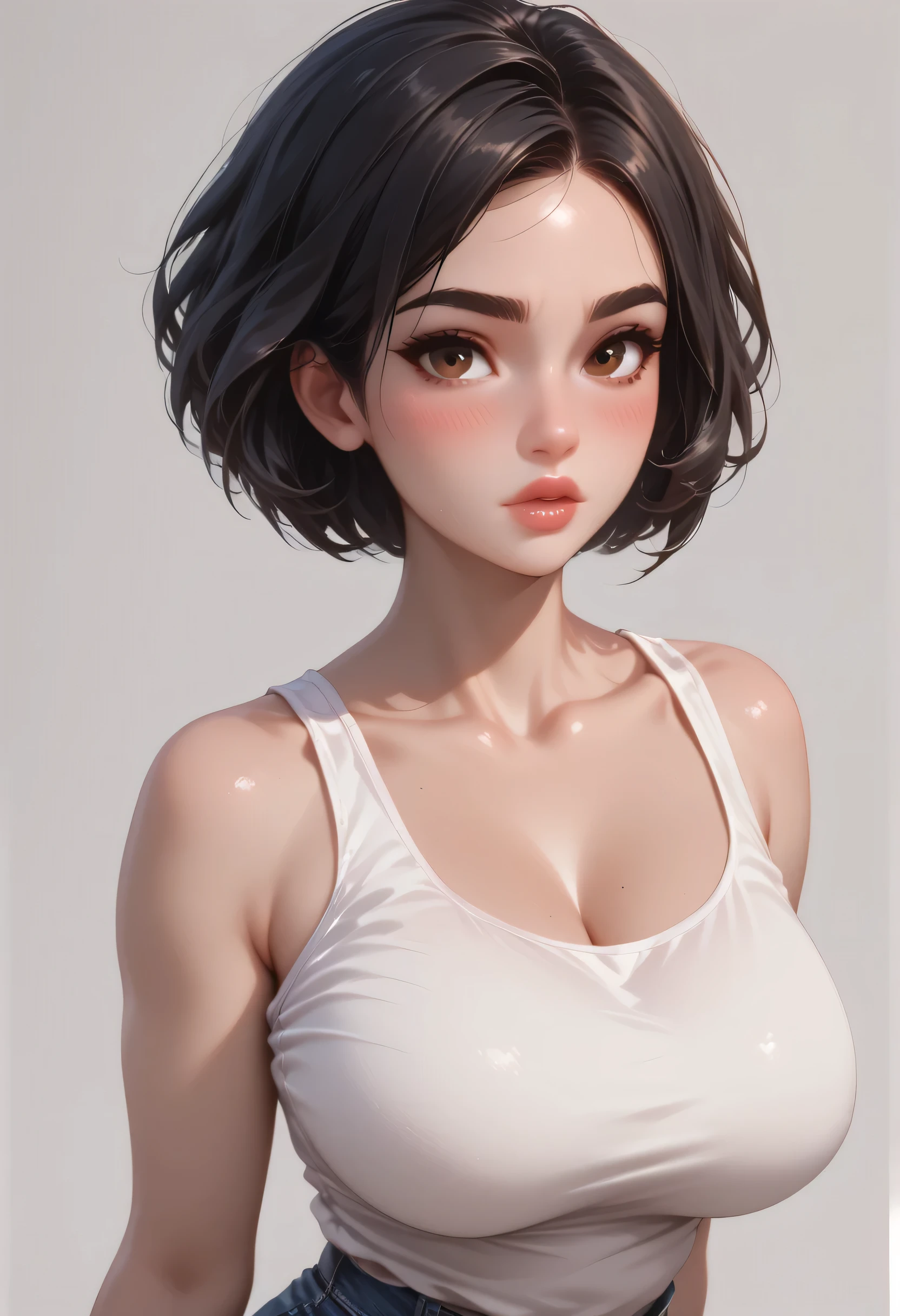 perfect face, black hair, medium hair, bob hair, black eyebrows, thin eyebrows, brown eyes, blush, thick lips, round tank top, white tank top, (large breasts 1.4), from side, looking at viewer, white background