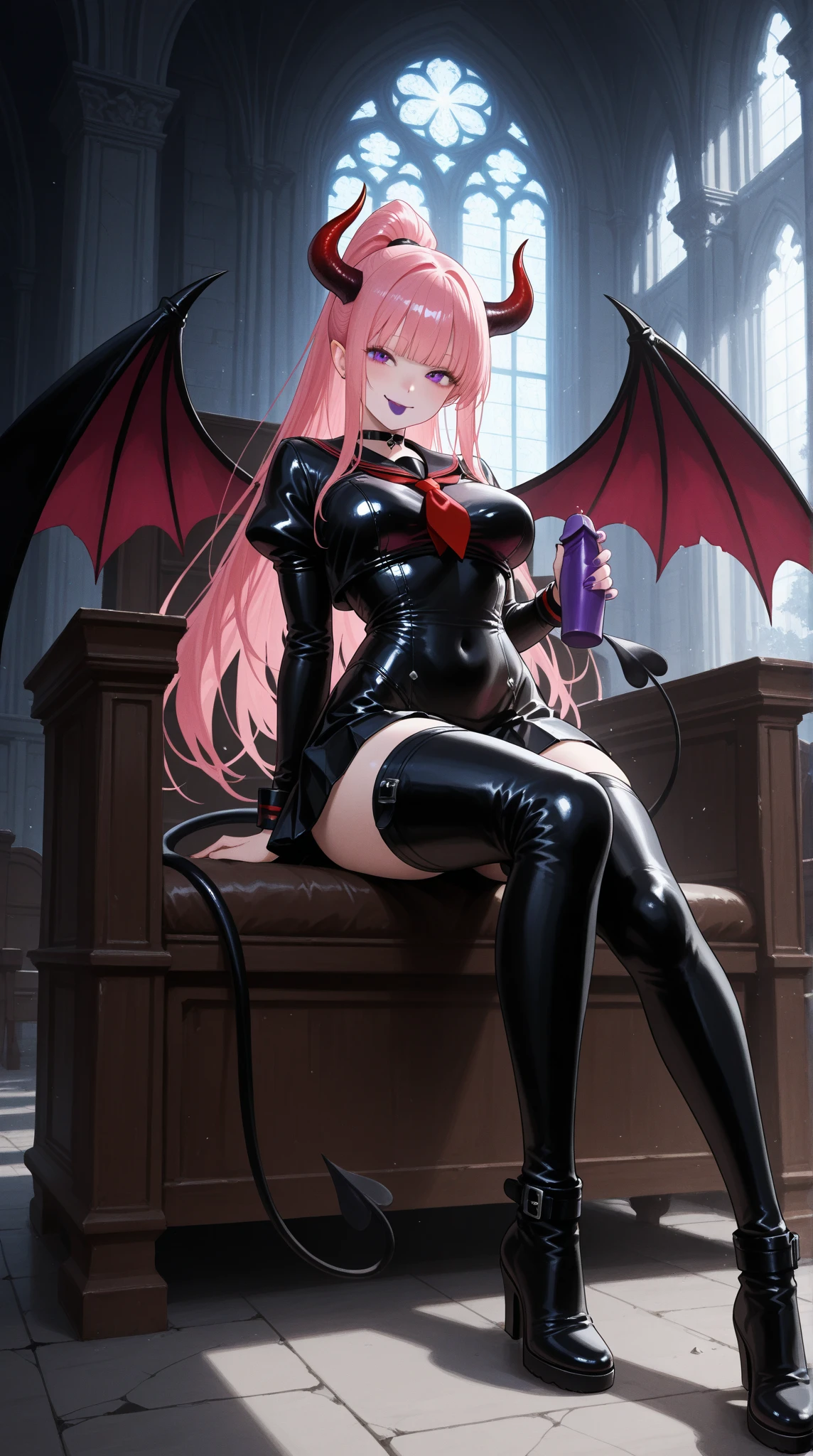 Succubus, little horn, on the back bat wings, pale skin, totally black eyes, anime style, wide hip, extreme beauty, full body, black leather leotard, sauna background --auto --s2