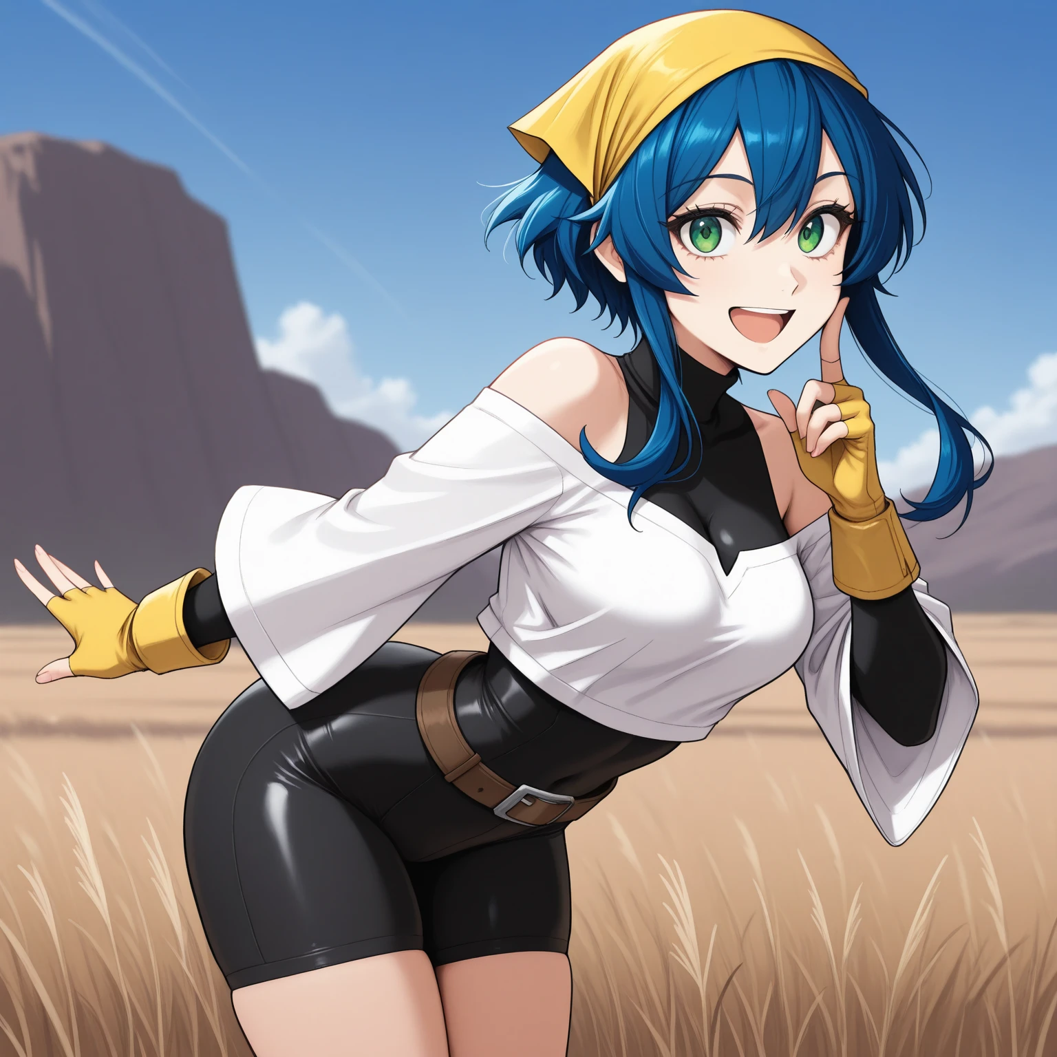 ((masterpiece)),(highest quality),Official Art,Highly detailed CG,unity 8k wallpaper,Super detailed,A lighthouse upon a cliff by the sea,One girl,alone,Upper Body,(Portraiture:1.2),View Viewer,Fingerless_gloves,green_hair,bandage_upon_foot,smile,bandage_upon_knees,China語_Clothes,Braiding,yellow_eye,hair_ornament,boots,short_hair,small_chest,China_dress,No sleeve,hair_ring,hairclip,Bell,From the back,just_shoulder,前hair,black_gloves,Women stink,fart,Turn your buttocks here