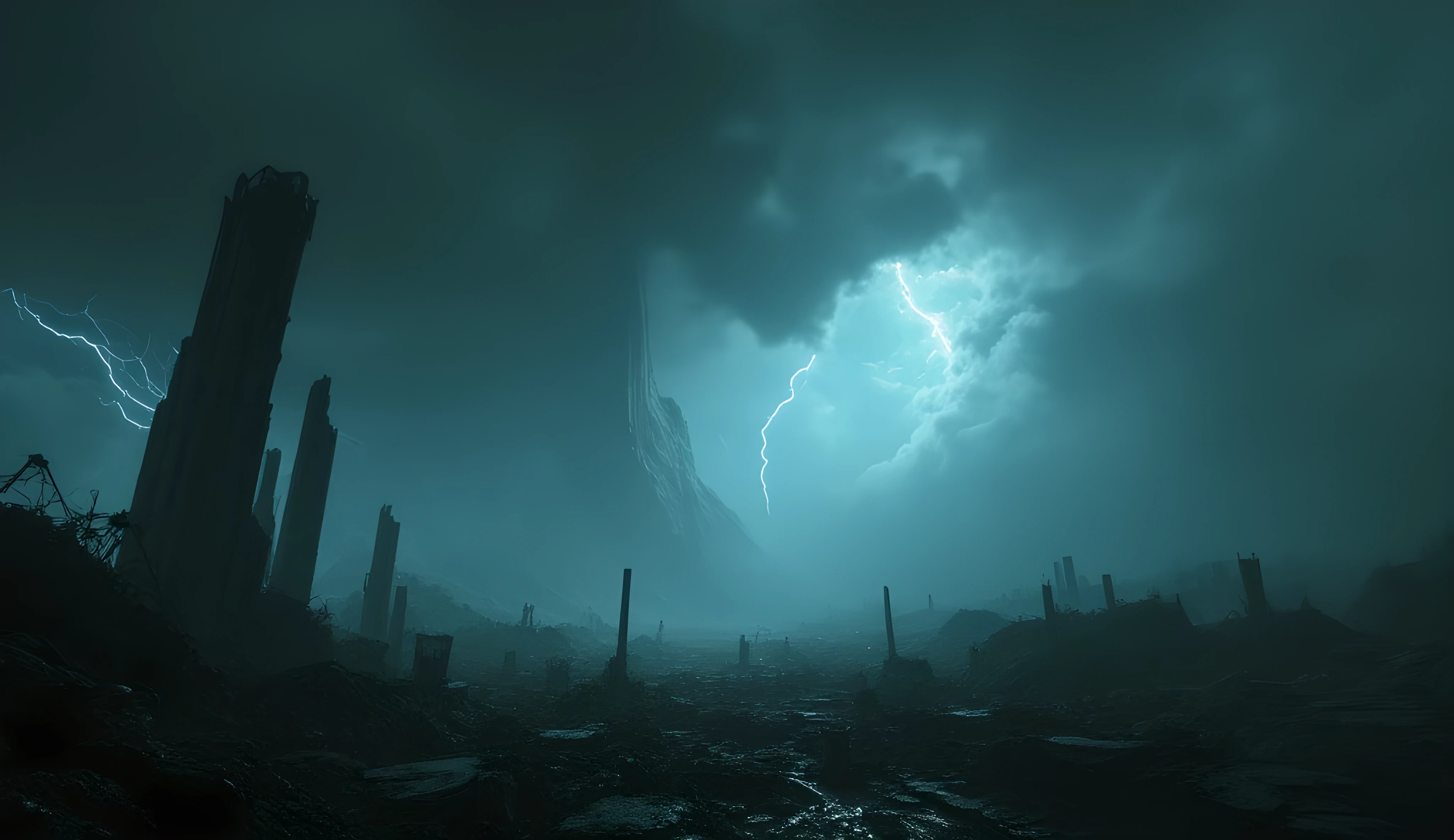 videogame art, background image, parallax image, landscape, desolate, storm, horror, bleak, apocalyptic, high resolution, incredible details