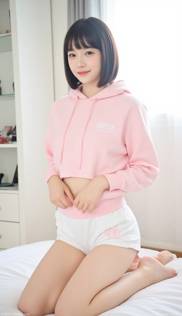 best quality, 8k, very delicate and beautiful, highly detailed face and skin texture, shiny skin, high resolution, cute pink short hair japanese girl in cropped hoodie and tight short pants smile and walking in a park, sharp focus