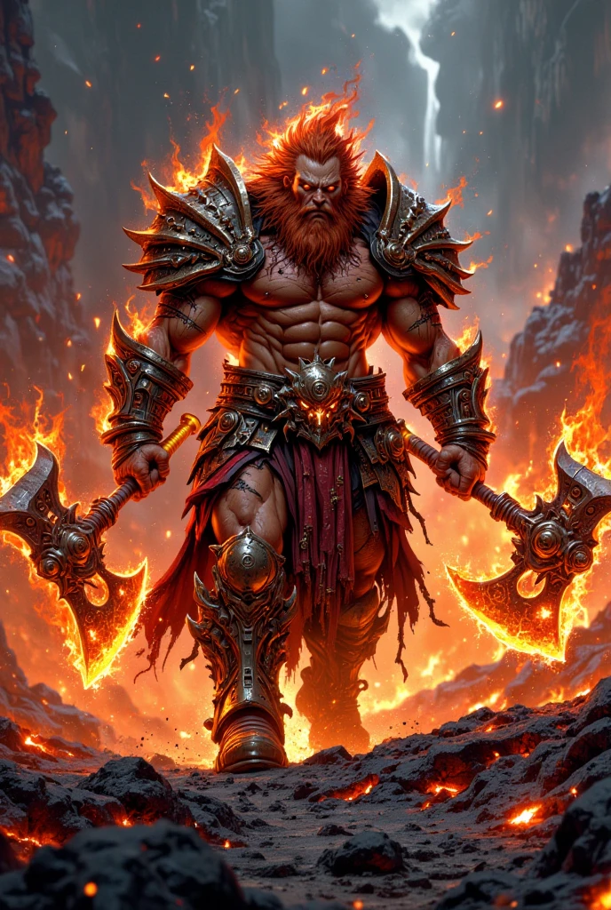 (masterpiece, best quality), (8K, UHD), Hercules Doom Slayer: "Generate an image of Hercules merged with the Doom Slayer from Doom, standing as a towering figure of unparalleled strength and power. Hercules' iconic lion skin is now a rugged, reinforced element of his high-tech Praetor Suit, which is covered in ancient Greek runes glowing with fiery energy. His muscular frame is augmented by advanced armor plating, blending classical mythology with cutting-edge technology. In one hand, he wields a massive, rune-inscribed battle-axe glowing with demonic energy, while in the other, he holds a futuristic shotgun, ready to unleash devastation. The background depicts a hellish landscape, with jagged rocks, rivers of lava, and the ruins of ancient temples, as he battles demonic hordes with both divine fury and modern firepower." (cinematic shots), illustration,portrait,rgbcolor,emotion