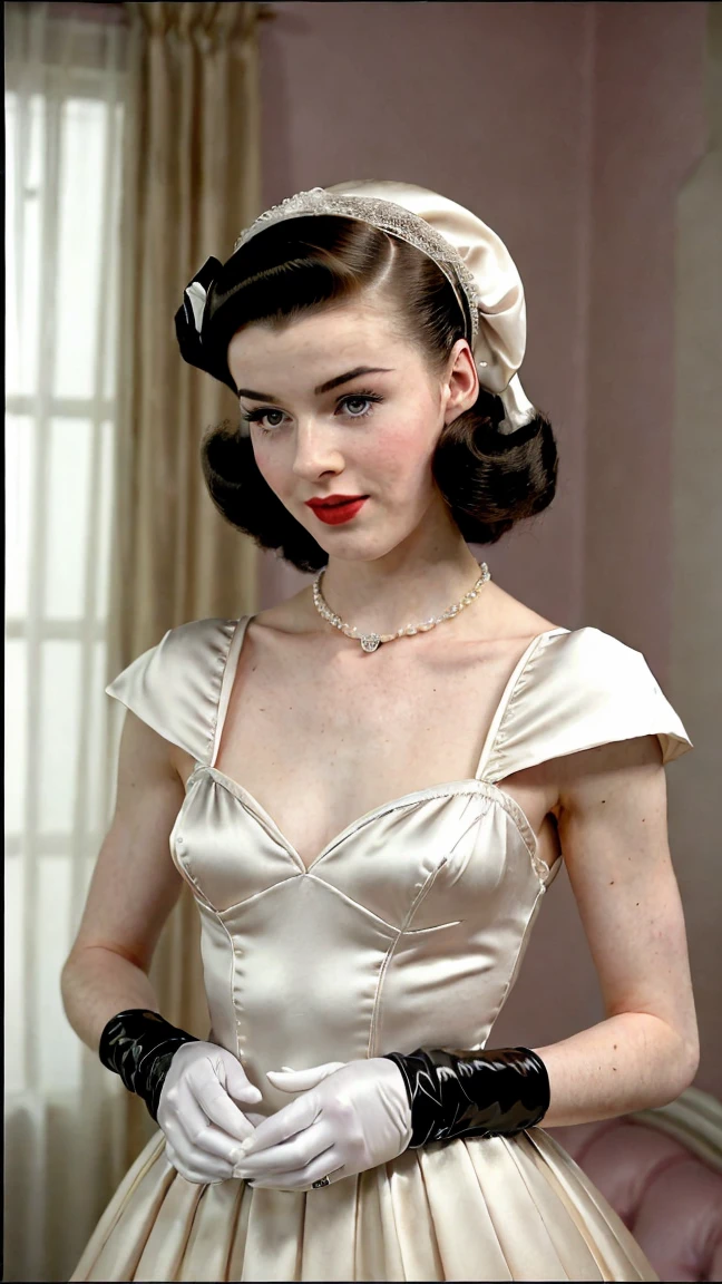 Imagine a beautiful woman, her hairstyle is from the year 1940, she is standing, she is facing the camera, she is a good distance away from the camera so that she can be photographed completely. her beautiful sandals are from the year 1940. She is wearing a 1940s tea dress with a Peter Pan collar, fitted waist and matching fabric belt, and a slightly flared skirt that falls below her knees. Short puffed sleeves with light ruffles on the shoulders, made from light yellow checkered poplin fabric with mother-of-pearl buttons on the front. Fine, subtle 1940s French seams pleat at waist. The background color of this image is light gray. Realistic image with 4k quality.