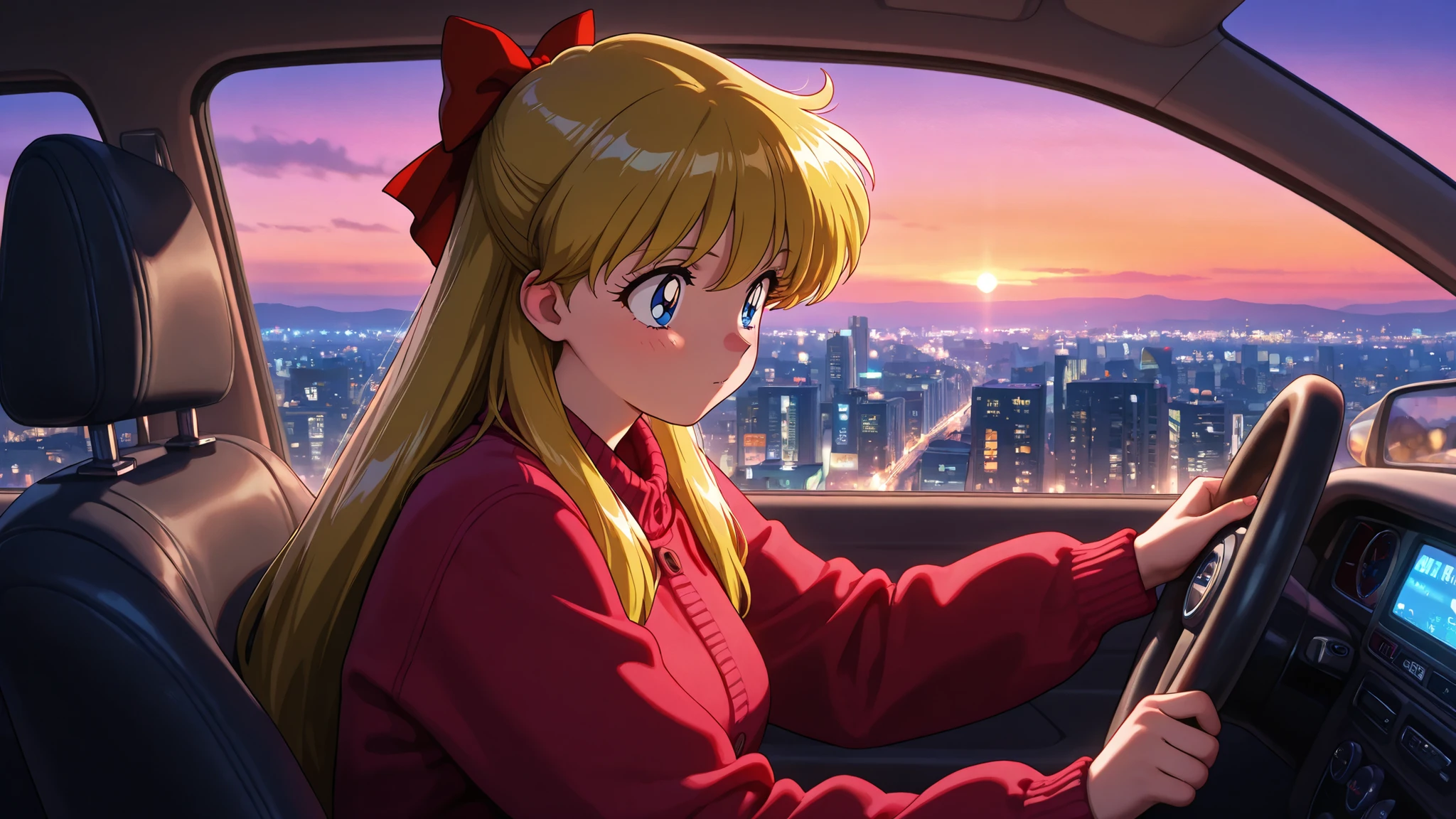 masterpiece, amazing quality, best quality, ultra-detailed, 8K, illustration, clear skin, ultra-detailed-eyes, soft skin, very awa, very as2, shiny skin, shiny hair, soft body, 90's style, official art, minako aino, blonde hair, blue eyes, hair bow, half updo, long hair, She is wearing a winter clothes, with both hands on the steering wheel. The background shows a snowy city, at twilight, with a evening sky. The focus is on her calm expression, with the cozy car interior contrasting the cold scene outside